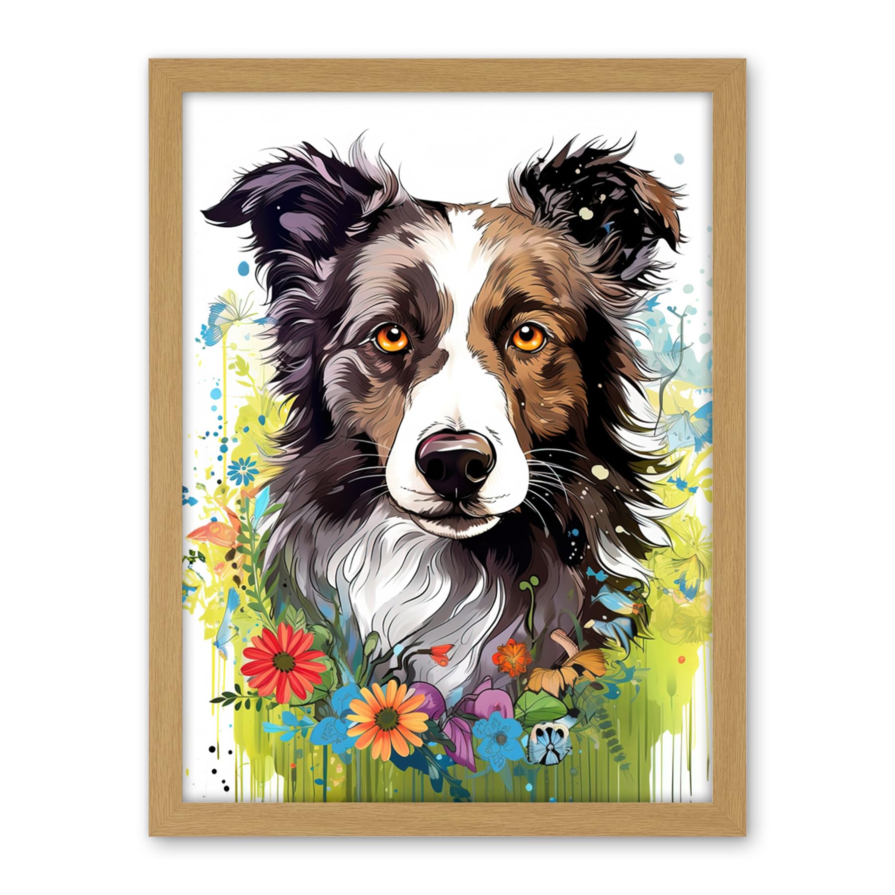 Artery8 Border Collie Dog Bright Watercolour Painting Floral Portrait with Wildflowers and Butterflies Artwork Framed Wall Art Print 18X24 Inch