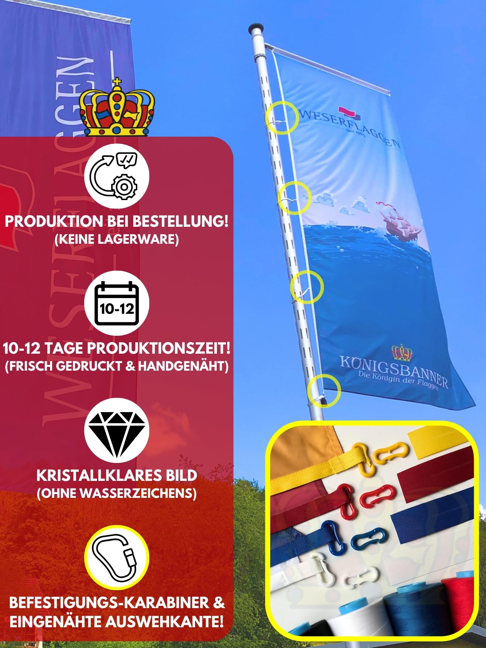 Zertifizierte Flagge Fahne Gießen - GI 150 x 400cm - Hochformatflagge doppelt gesäumt mit Karabinerhaken aus deutscher Flaggen-Manufaktur