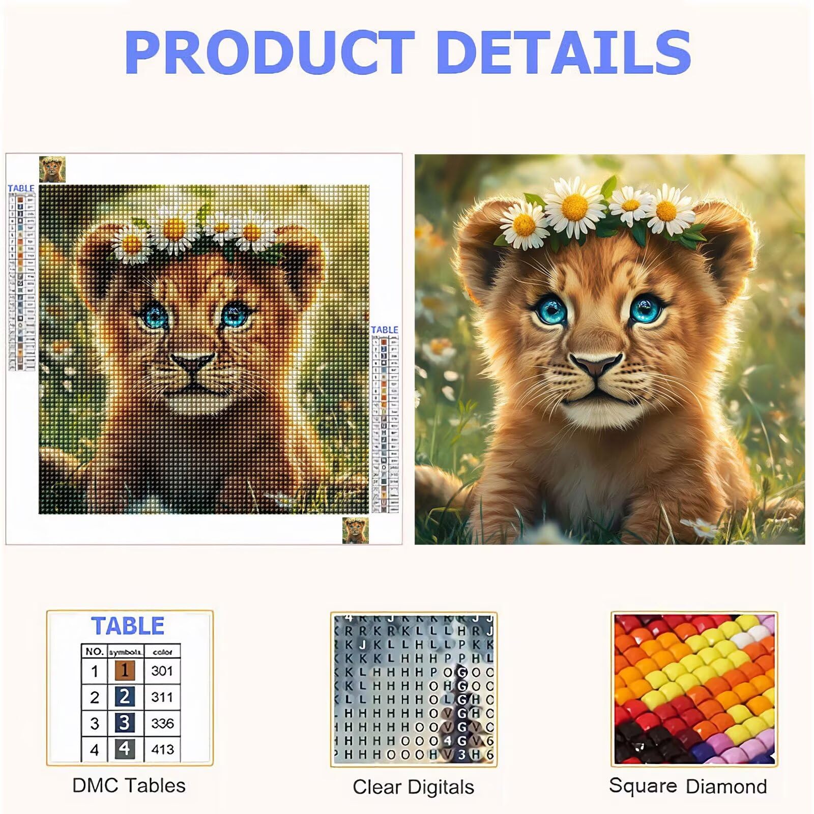 Kit de Pintura de Diamantes para Principiantes y Adultos, León, Mosaico de Punto de Cruz con Diamantes de Resina, Manualidades DIY Creativas para Regalo, Decorativo de Pared 100x100cm Animal FX#1138