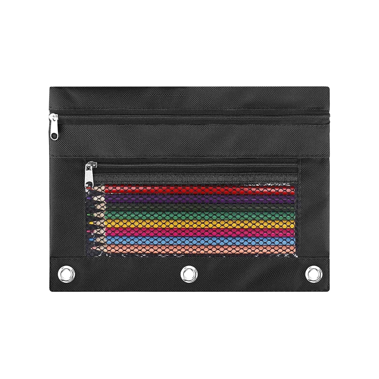 Pencil Pouch for 3 Ring Binder - Small Zipper Pen Case, Black Pencil Pouches for Boys Kids, School Supplies, 3 Hole Nylon Pencil Bag Accessories Clear
