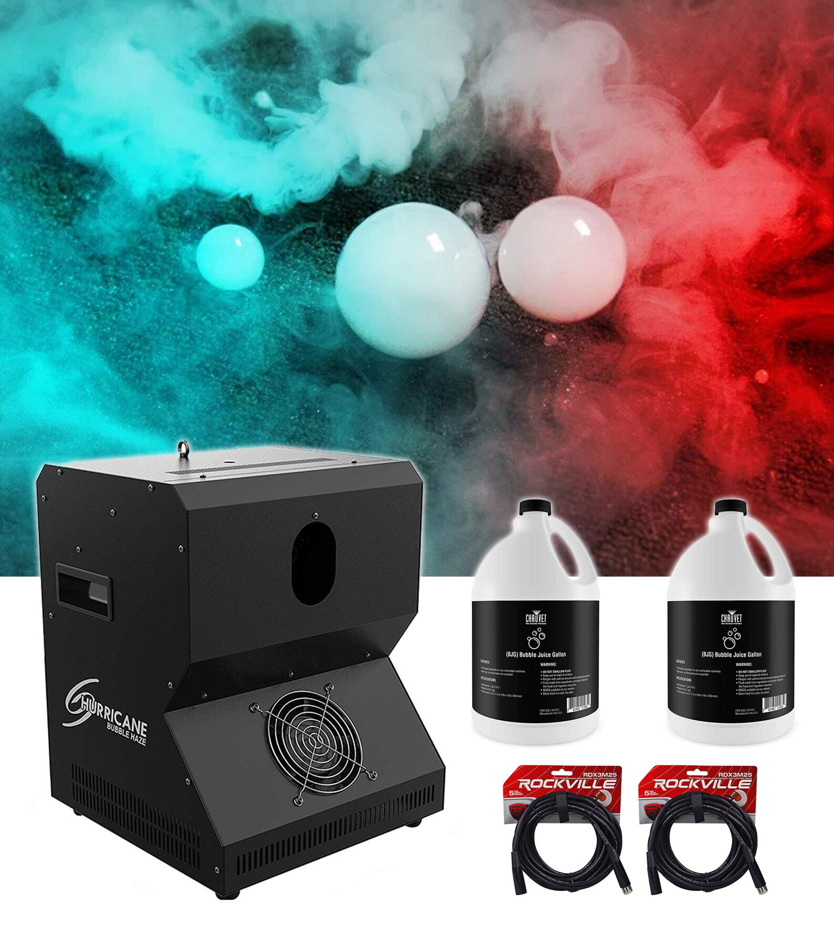 Audiosavings Bundle: Chauvet Hurricane Bubble Haze Filled Bubbles Atmospheric Hazer Machine w/DMX Bundle with (2) Chauvet DJ BJG Gallon Bubble Fluid Juice & (2) DMX Lighting Cable (5 items)
