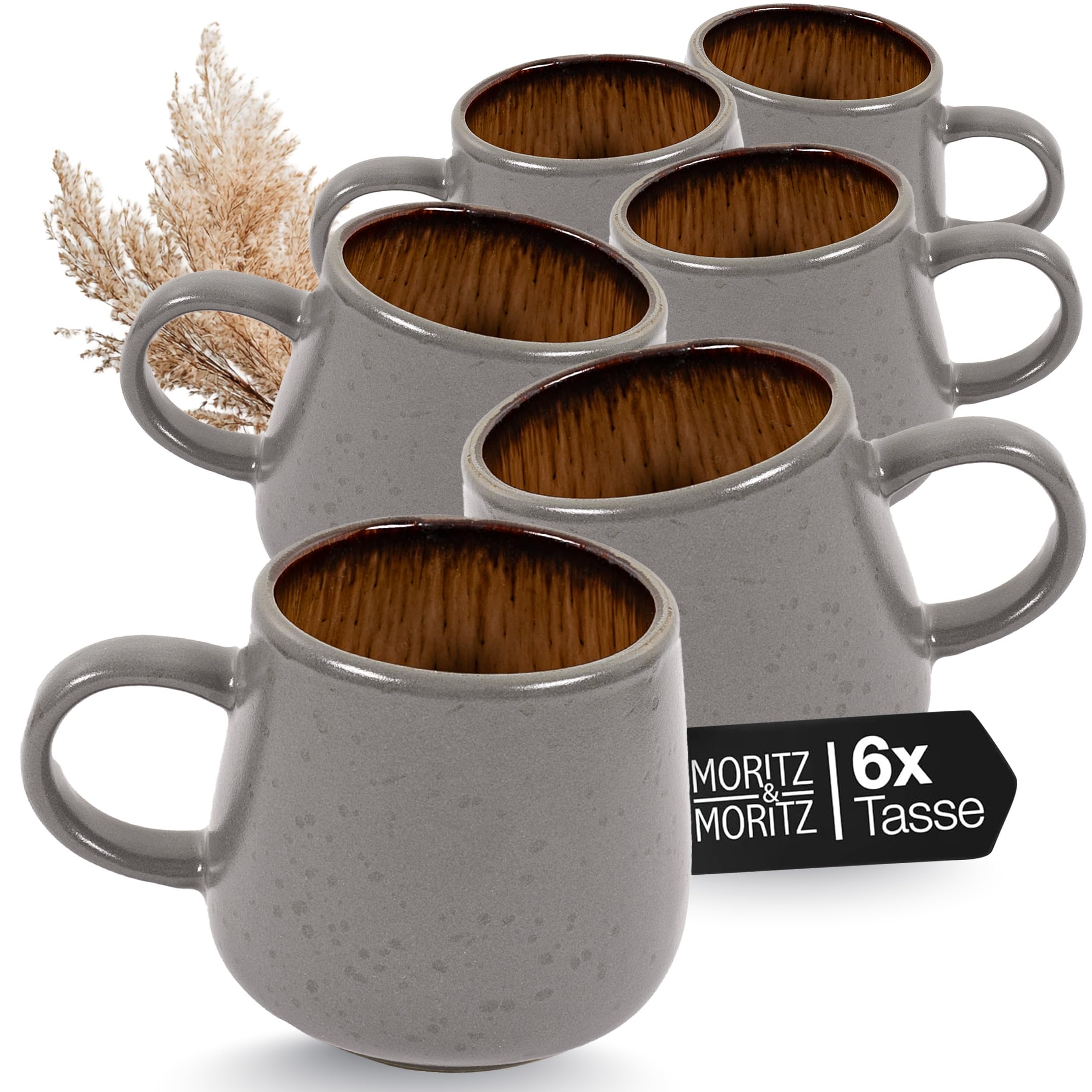 Moritz & Moritz SOLID 6er Tassen Set Grau/Beige - Kaffeebecher Set aus robustem Steinzeug - 400ml Volumen - Spülmaschinen- & mikrowellenfest - Perfekt für Kaffee, Tee & mehr
