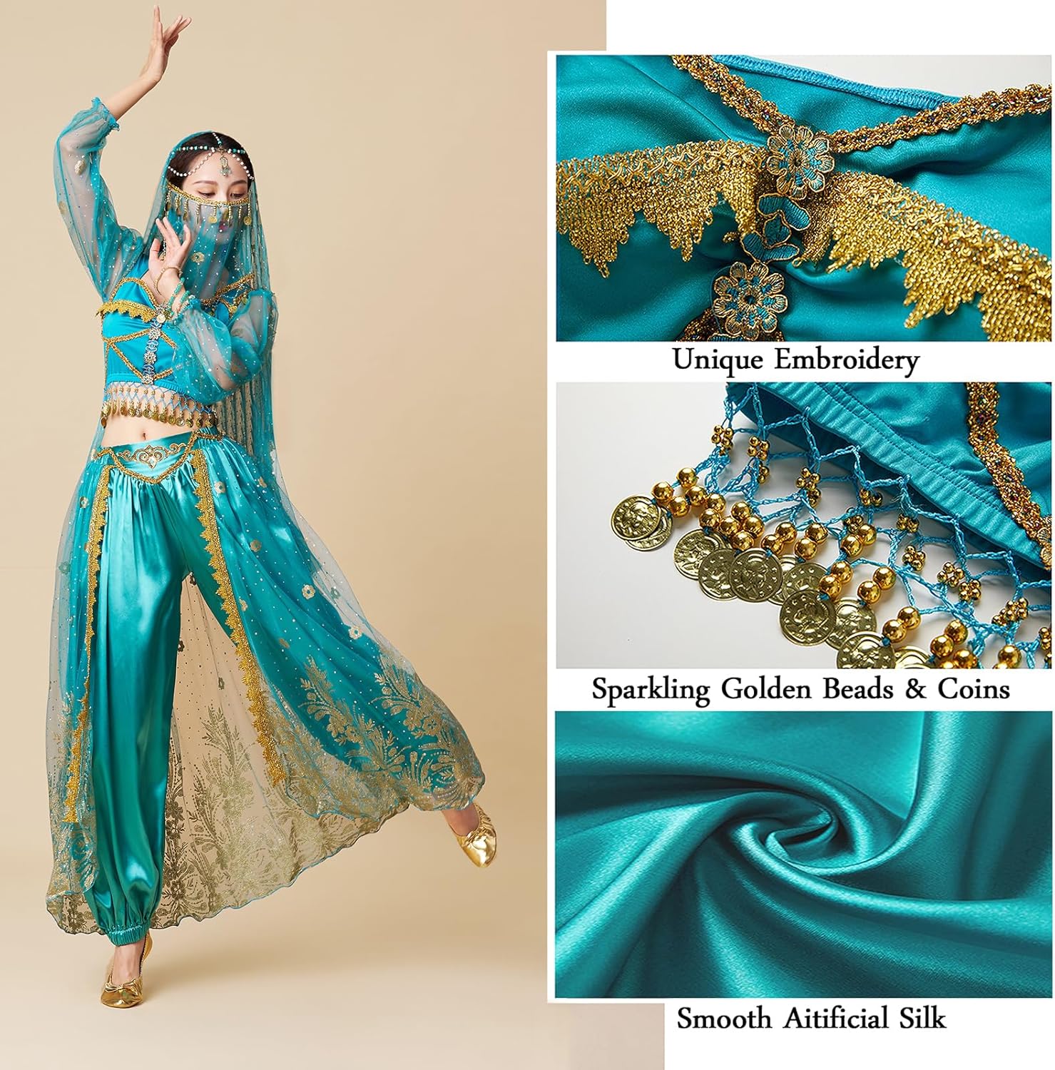 Jasmine Costume for Women Arabian Princess Fairy Outfit Halloween Cosplay Belly Dance Costume