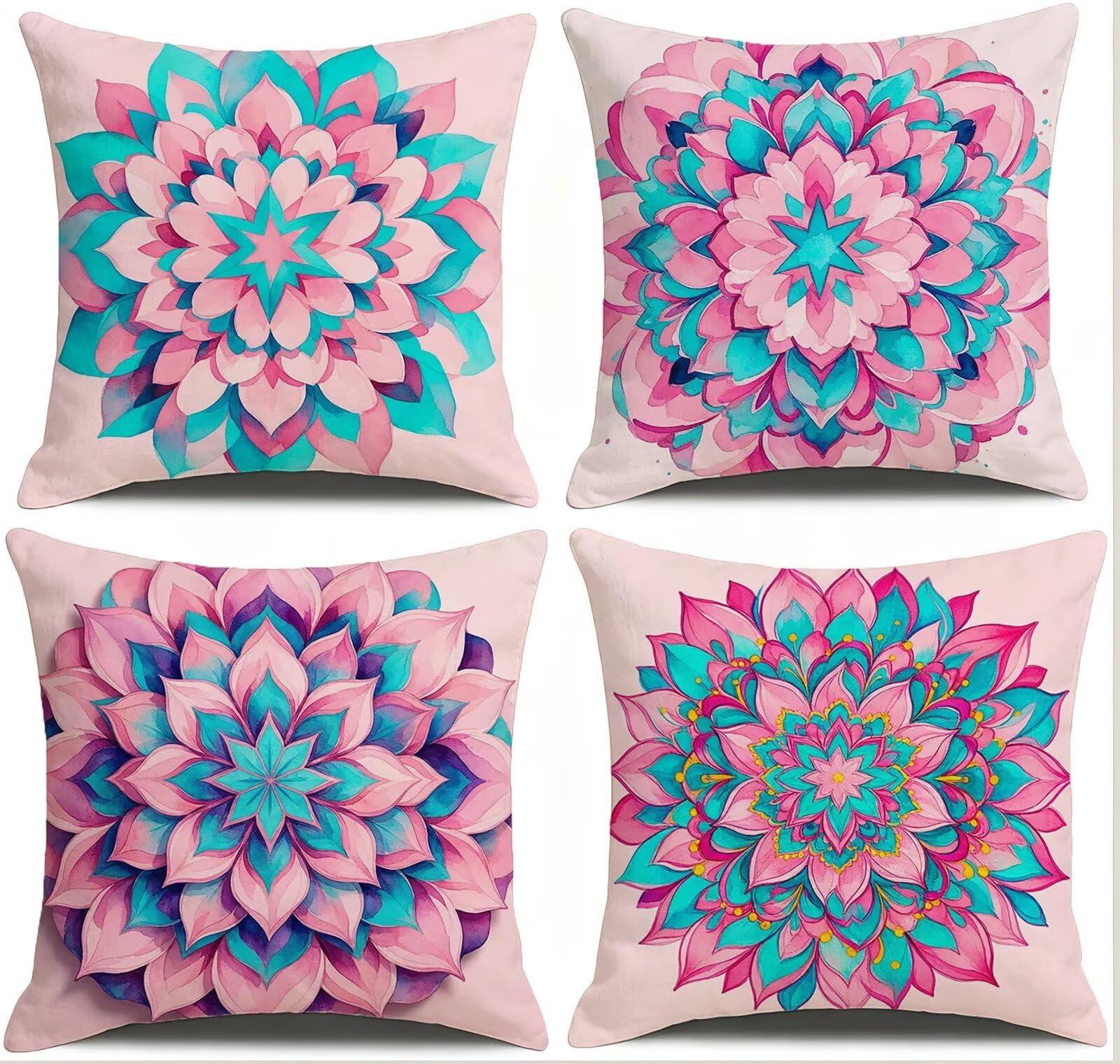 Rosa Federe Cuscini Divano 50x50cm, Cuscini da Esterno Set de 4, Cod-161 | Velour Copricuscini Decorativi Letto Arredo, per Letto, Soggiorno, Giardino, Esterno, Casa Decorazione Set di 4 Mandala