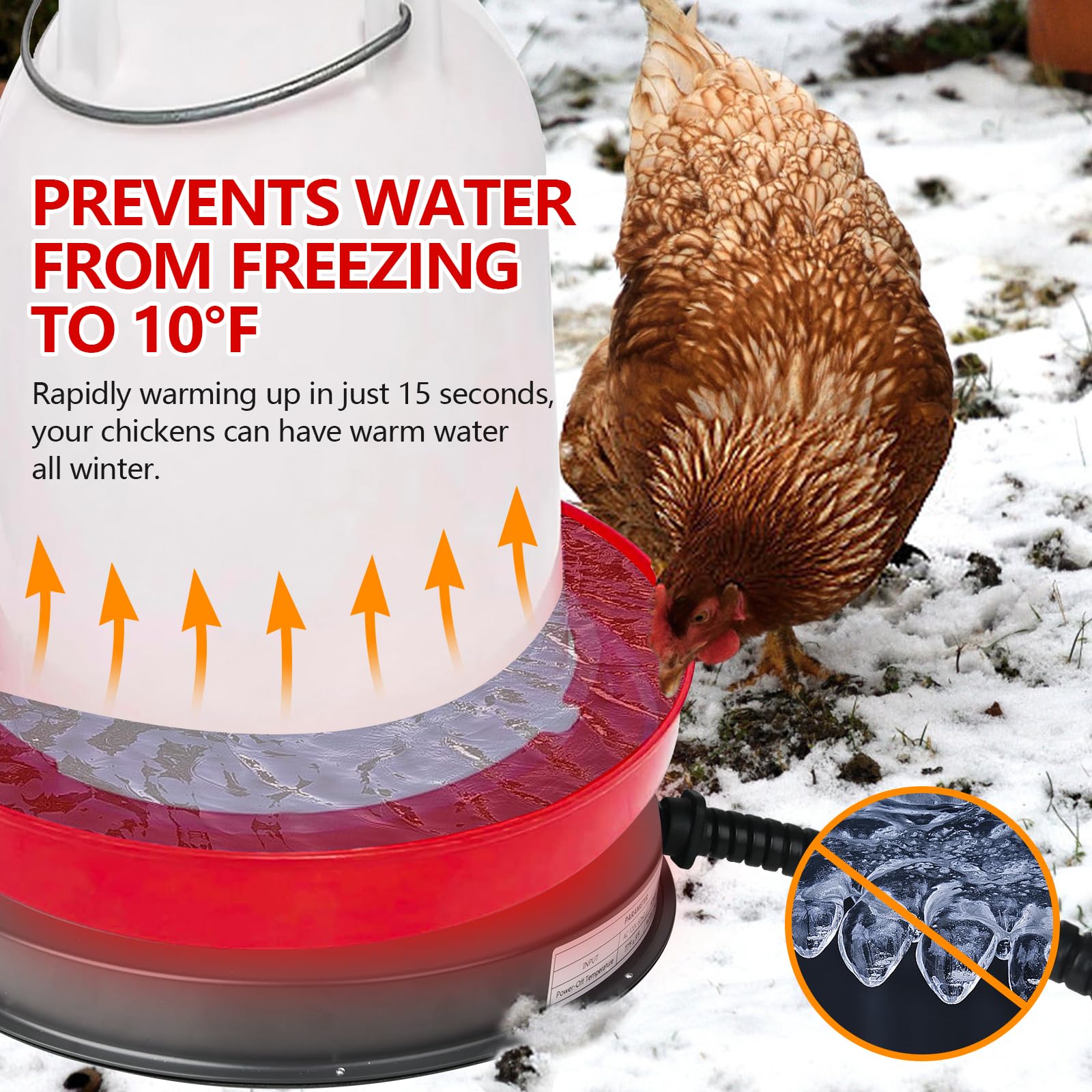 Chicken Water Heater for Winter - 15.35" Poultry Waterer Heated Base, 125W Drinker Heater Base with Thermostat to Prevent Water Freezing in Metal or Plastic Drinkers