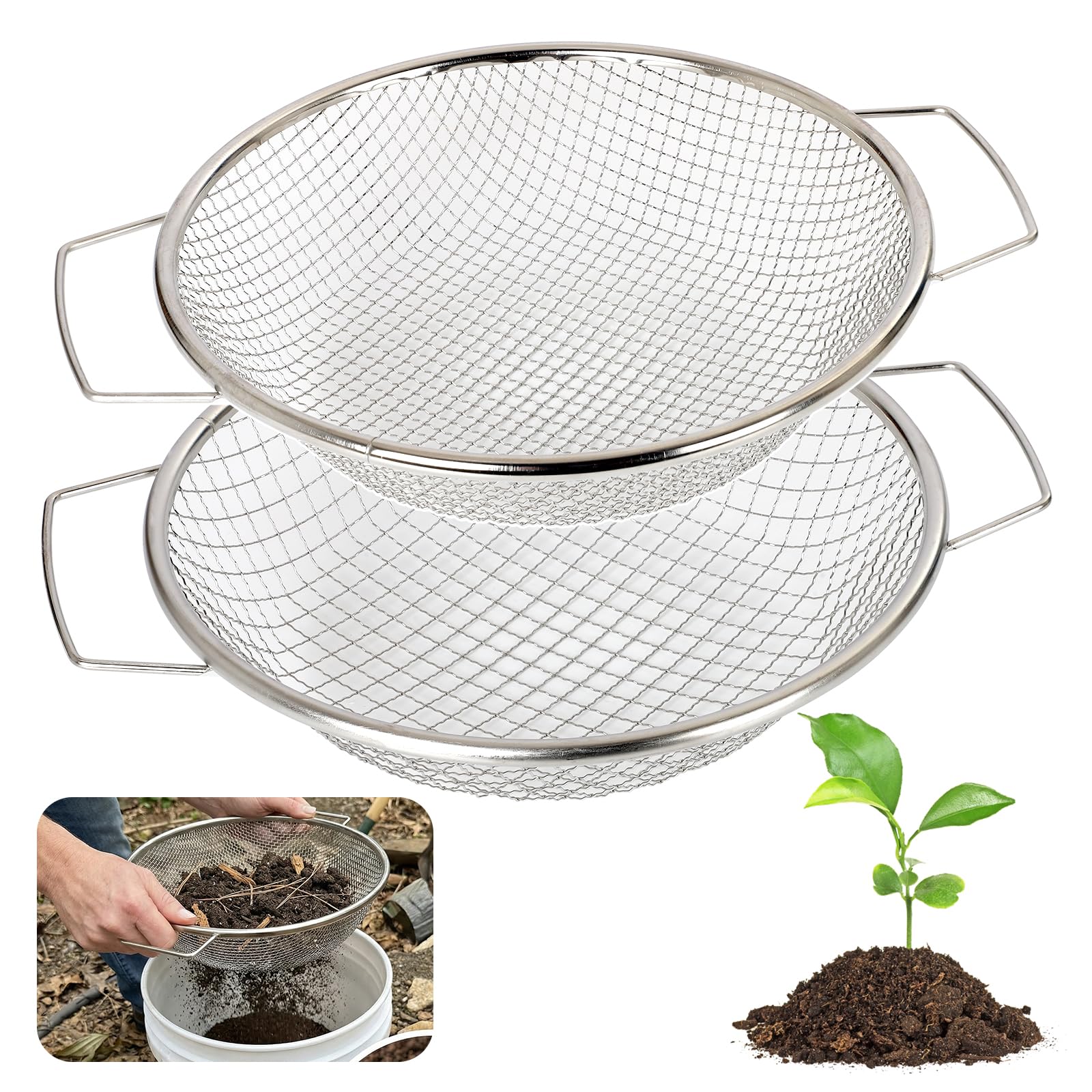 2Pcs 304 Stainless Steel Soil Sifter 1/4" 3/8" Screen Fit 5 Gal Bucket