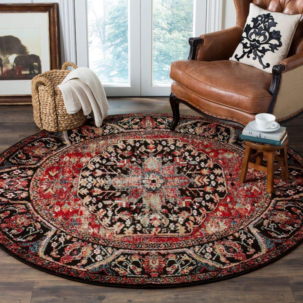 SAFAVIEH Vintage Hamadan Collection Area Rug - 3' Round, Red & Multi, Oriental Traditional Persian Design, Non-Shedding & Easy Care, Ideal for High Traffic Areas in Living Room, Bedroom (VTH215A)