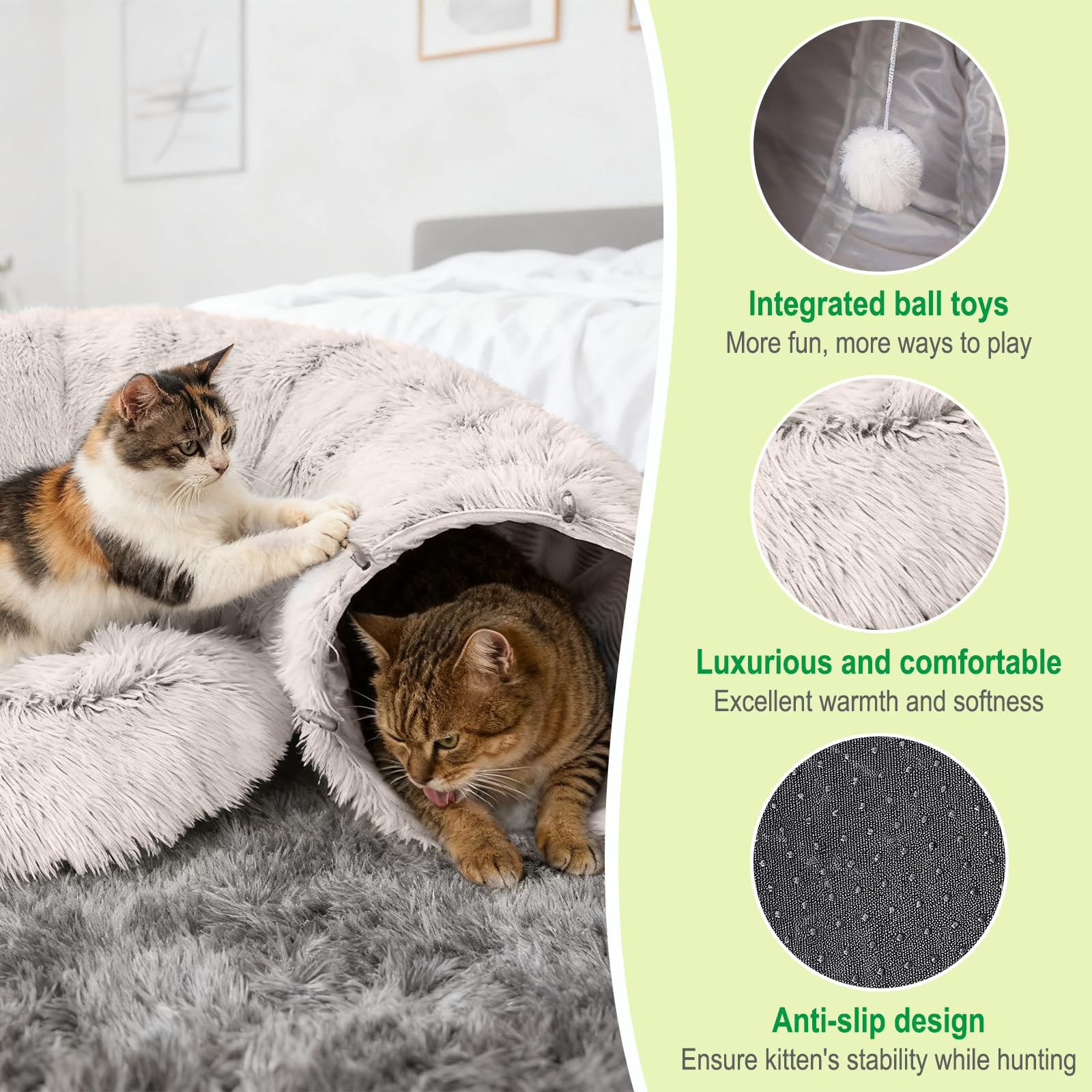 Grand tunnel pour chat - Jouet en peluche pour chat - Tunnel pour chat d'intérieur - Tunnel multifonction pour chat - Lit doux avec deux entrées - Grotte pour chat (café)