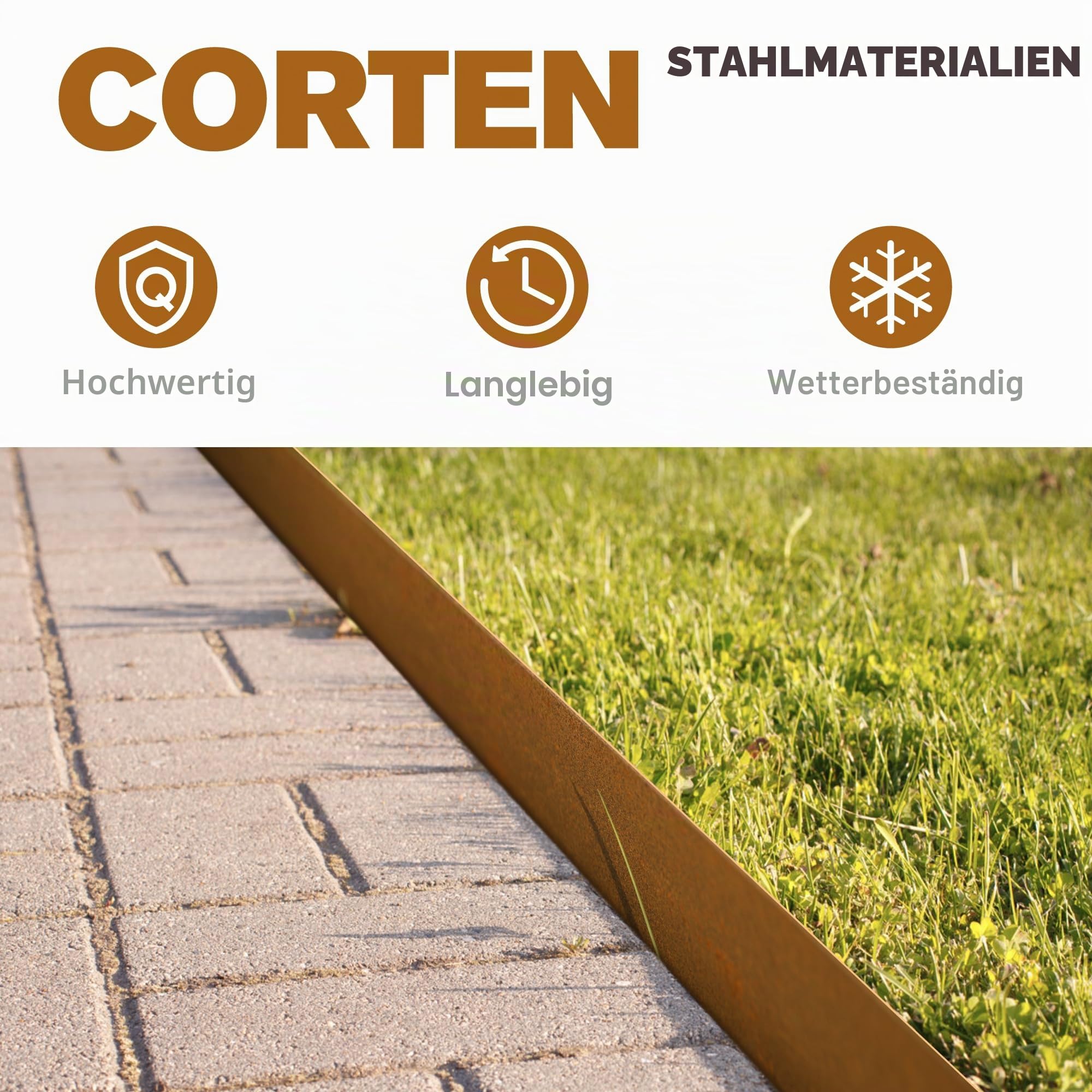 Rasenkante aus Cor-Ten Stahl 12,7 cm Höhe - robuste dekorative Umrandung aus Metall (10 m Gesamtlänge) mit 11 Clips und Handschuhen