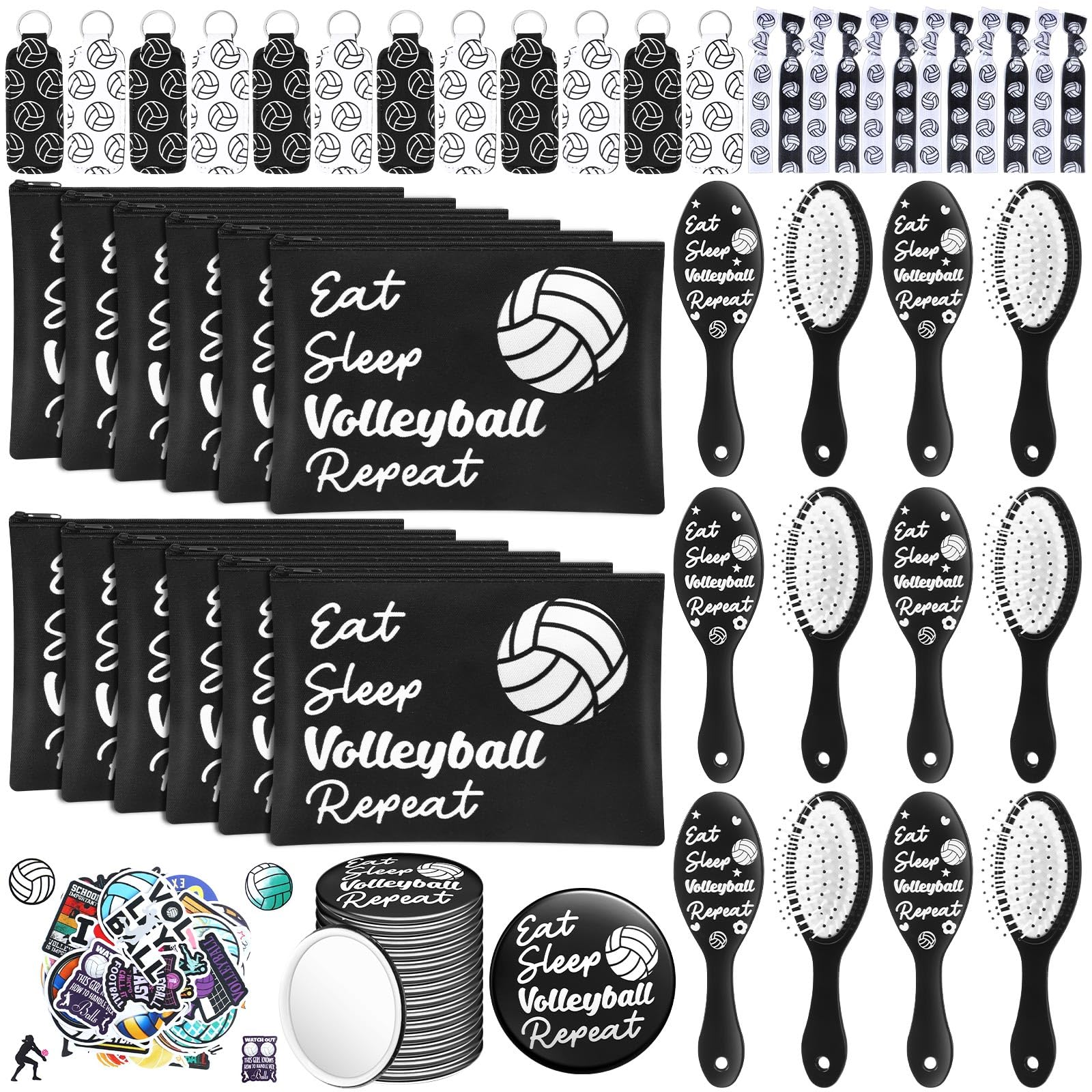 110 Pcs Volleyball Party Favors Volleyball Team Gifts Include Makeup Bags Lipstick Holder Keychain Compact Mirror Hairbrush Scrunchie Sticker for