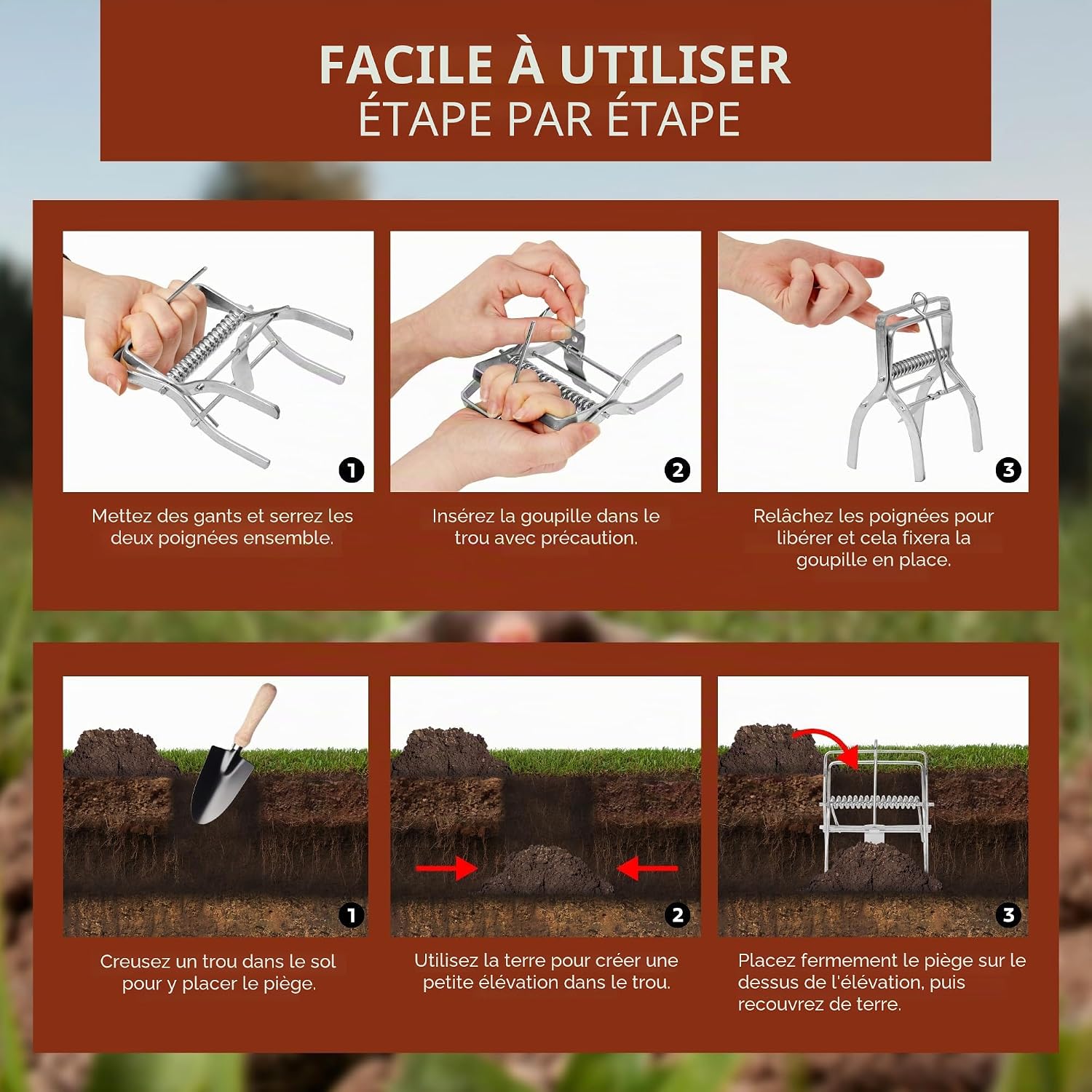 REPELEM Piege à taupe à pince Taupières réutilisables, protection de jardin sans rouille, tueur humain de campagnols et de taupes, puissant répulsif à taupes | Grand, lot de 3 — vue 4