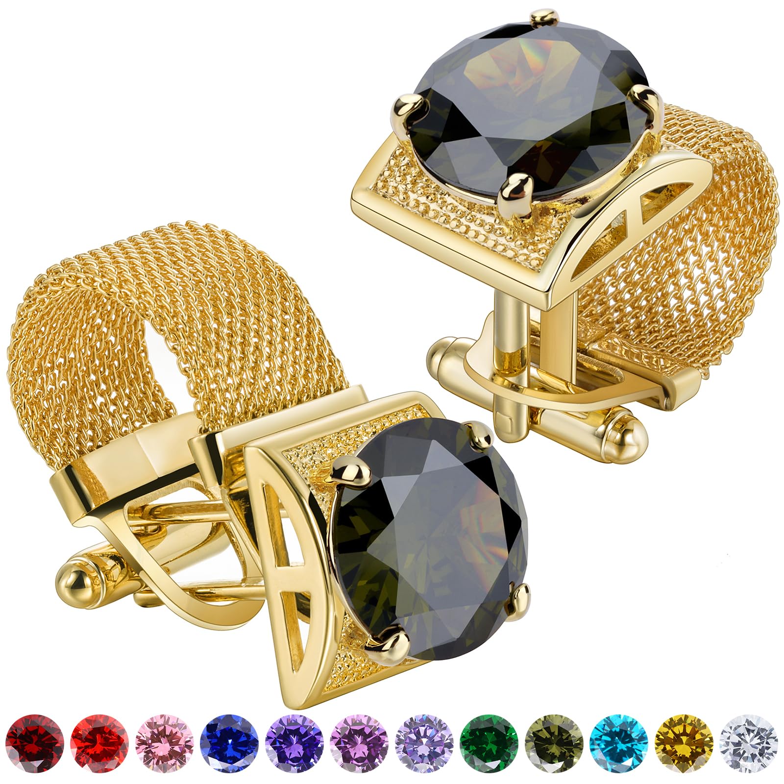 Birthstone Gold Tone Cufflinks for Men with Chain Shirt cuff links Wedding Business Birthday Christmas Gifts for Men