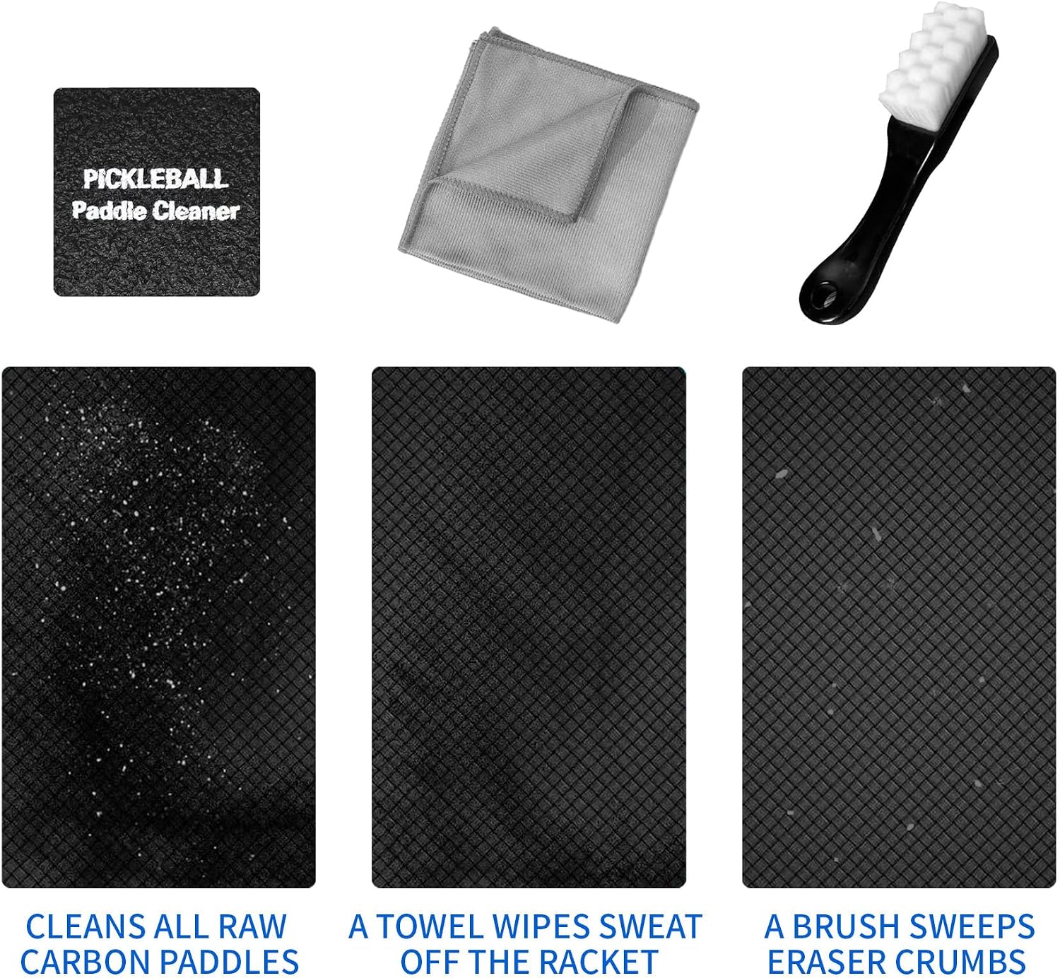 5-in-1 Pickleball Paddle Eraser Kit Raw Carbon Fiber Cleaner Grit Restorer | 2 Erasers, Microfiber Towel, Soft Brush & Pouch