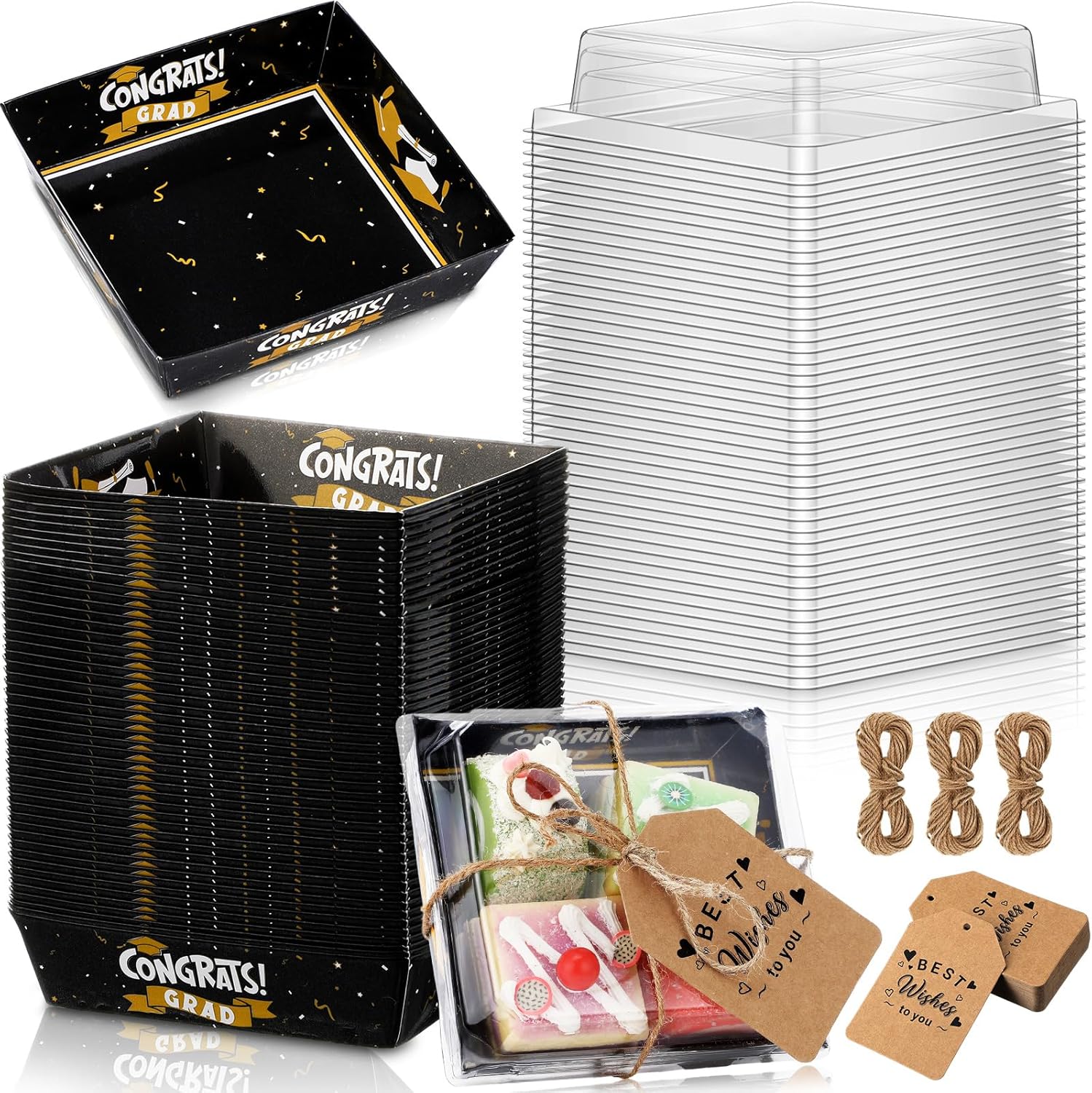 48 Sets Graduation Charcuterie Boxes with Ropes and Cards Cardboard Food Box with Clear Lids Disposable Paper Bakery Treat Boxes Square Dessert Box for Graduation Decorations Party Supplies
