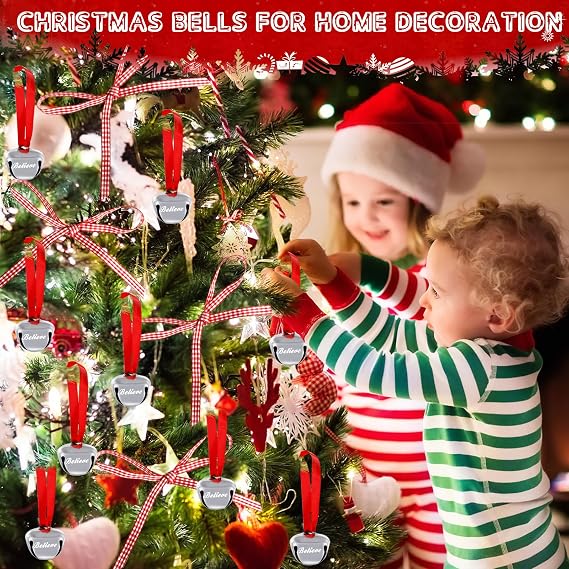 24 Set Christmas Believe Bell Ornaments, Polar Express Bell, Silver Sleigh Bell, Christmas Favors Bulk Tree Bell Decoration Holiday Treat Gifts for Kids & Adults