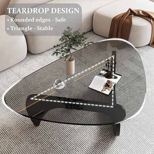 Miniatura 8 de Mesa auxiliar triangular en nogal de mediados de siglo con base de madera maciza moderna y triángulo de vidrio transparente para sala de estar, mesa