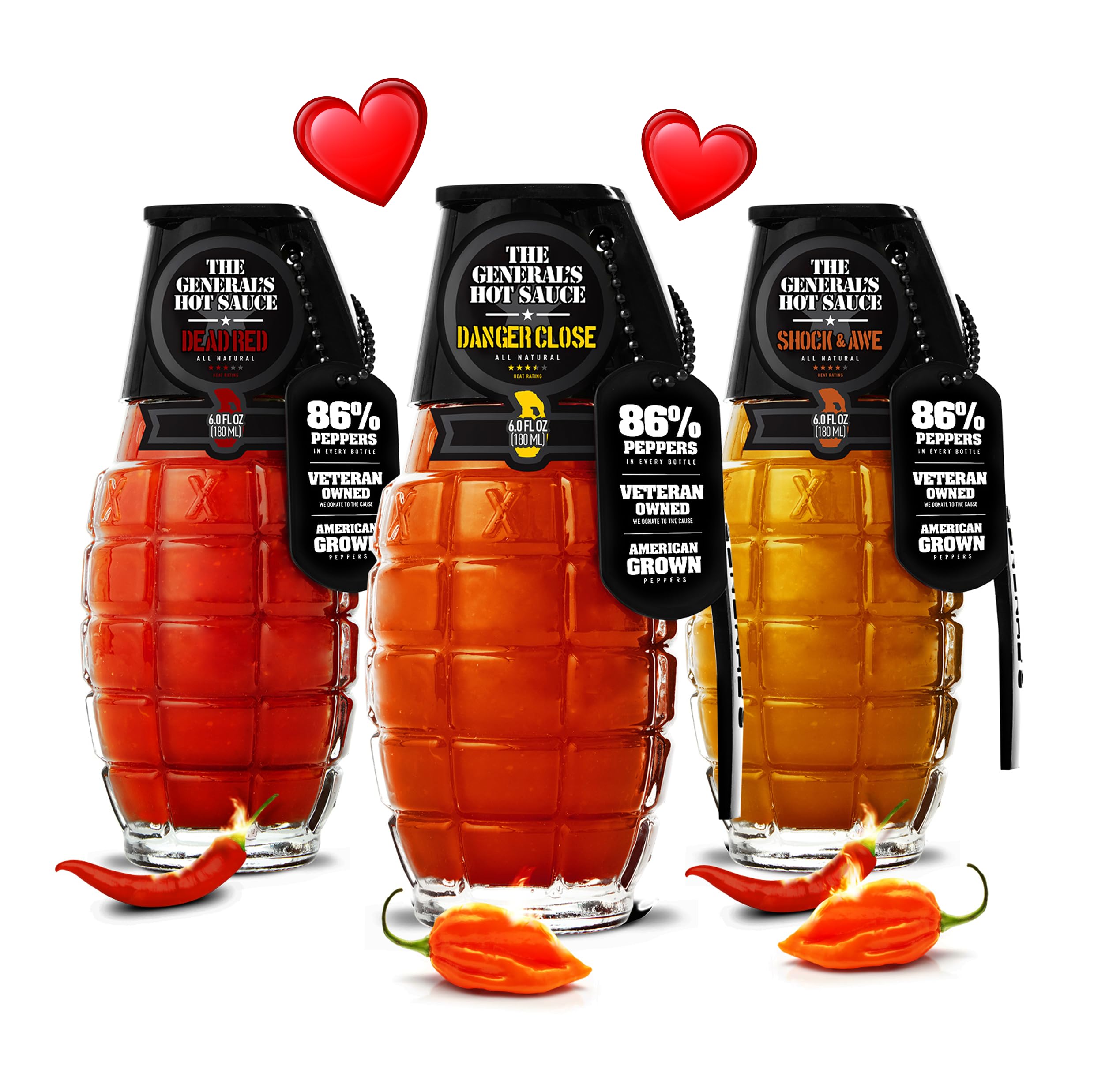 Love Heat Seeker Valentine's Day Gift Set - Gourmet Variety Pack with Habanero & Cayenne Peppers - All-Natural, American Grown, Veteran-Owned, 3-Pack (6oz Bottles)