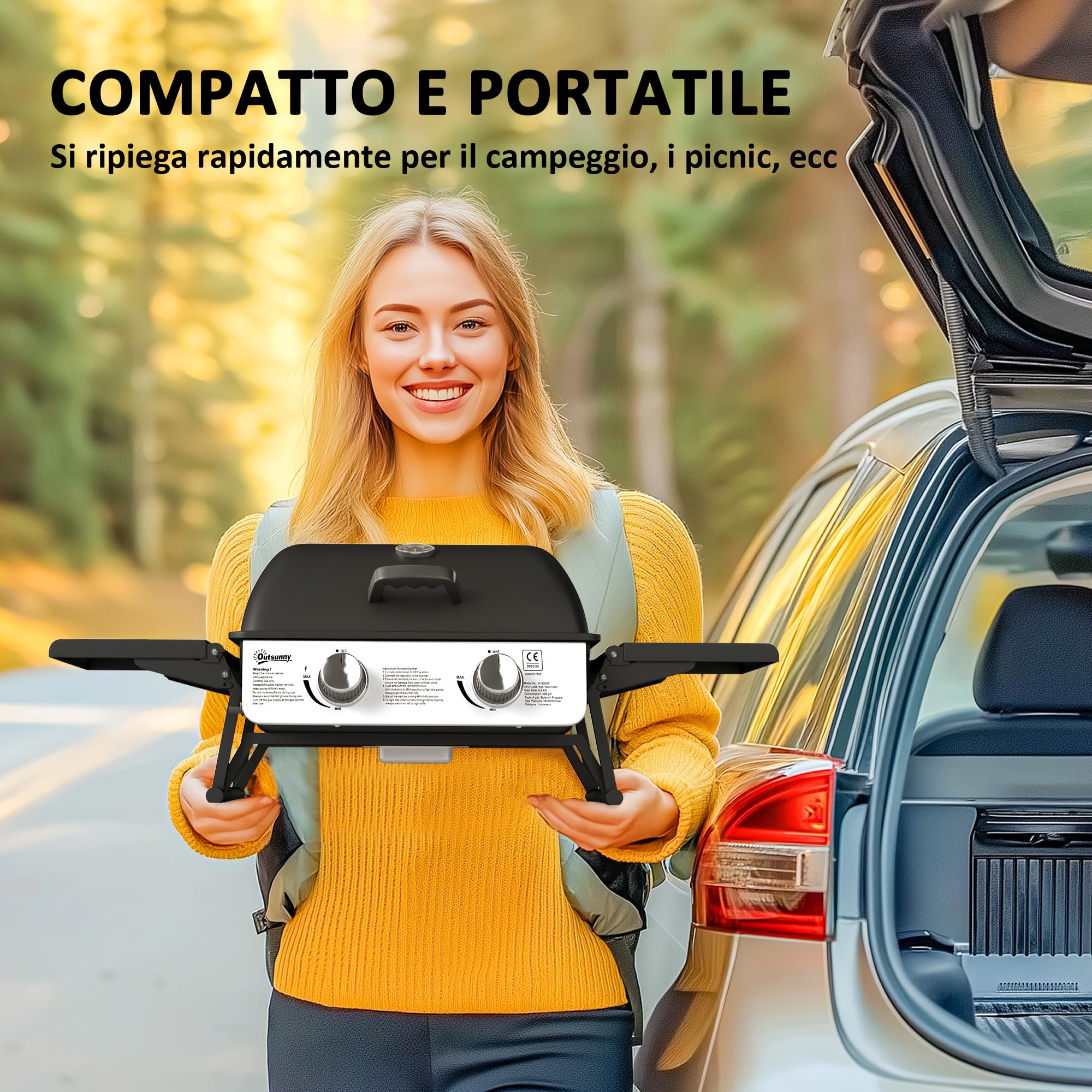 Outsunny Barbecue a Gas 2 Bruciatori 2.8kW Griglia Portatile da Tavolo Nero