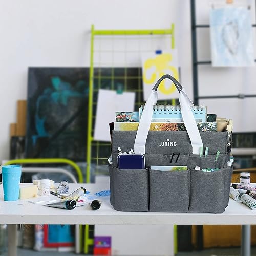Miniatura 7 de JJRING Bolsa organizadora de manualidades, organizador de arte grande con múltiples bolsillos, bolsa de costura gris para arte, manualidades,