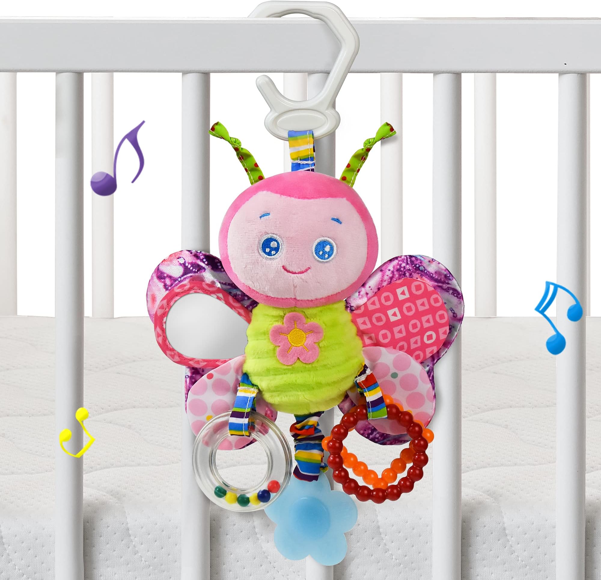 Baby Stroller Toy with Teether and Rattle for Infants. Soft Animal Toys for Boys&Girls(Butterfly)