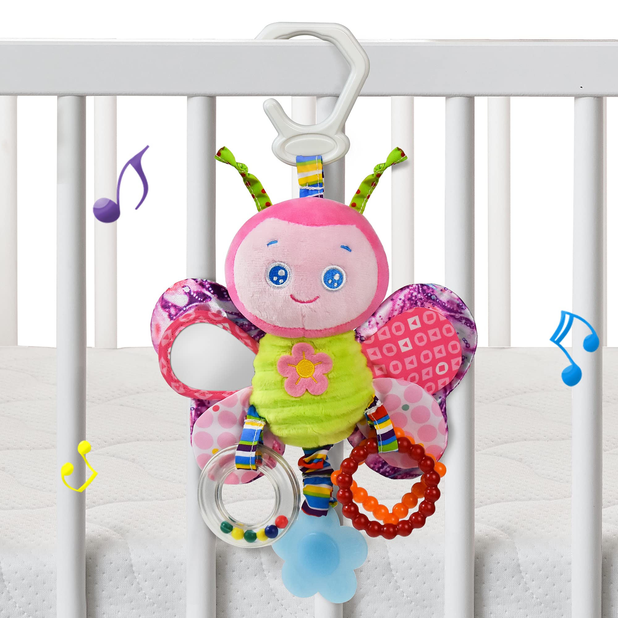 Baby Stroller Toy with Teether and Rattle for Infants. Soft Animal Toys for Boys&Girls(Butterfly)