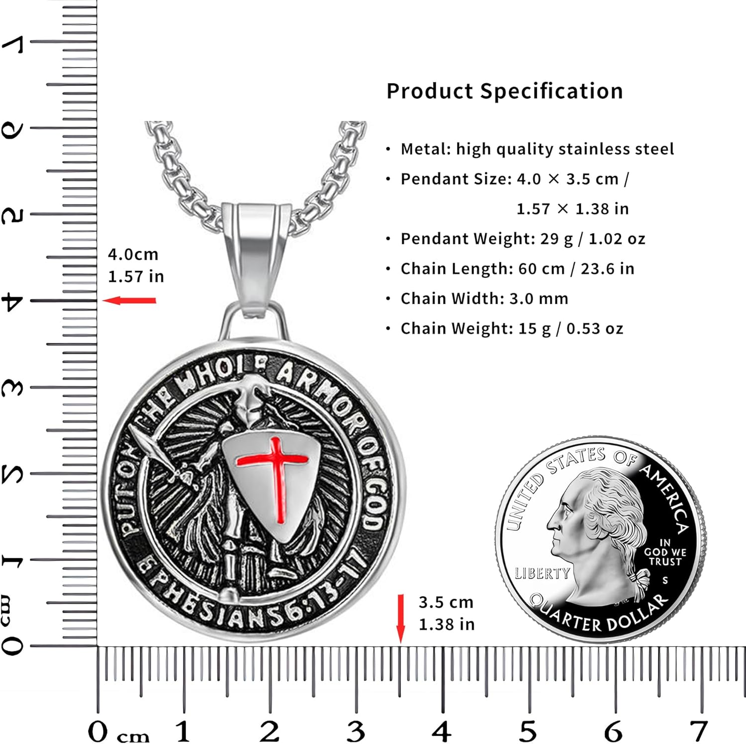 Armor of God Cross Pendant Necklace, Shield of Faith, Ephesians 6:16-17, Religious Amulet, Knights Templar Crusader, Stainless Steel 24" Chain - Image 4
