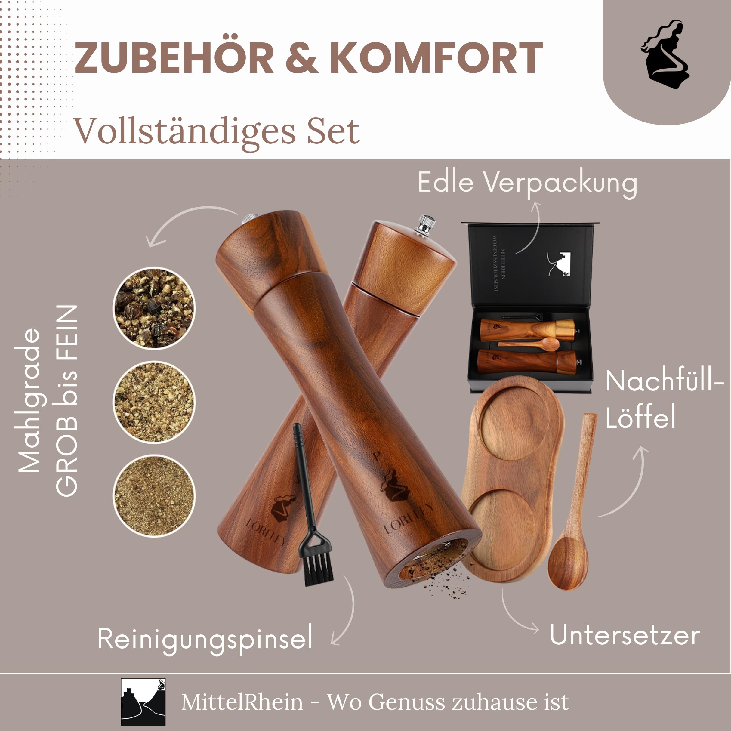 LORELEY® MITTELRHEIN Germany Salz- & Pfeffermühle aus Holz mit Keramikmahlwerk – inkl. Untersetzer & Pinsel – Gewürzmühle in Geschenkbox – Geschenk zur Hochzeit | Einweihung (Luxury Holz)