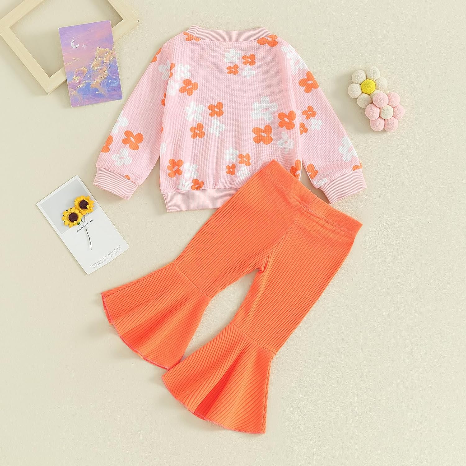 Baby Girl Fall Winter Clothes Floral Knit Crewneck Sweatshirts Flare Pants Set Toddler Bell-Bottoms Outfits - Image 6