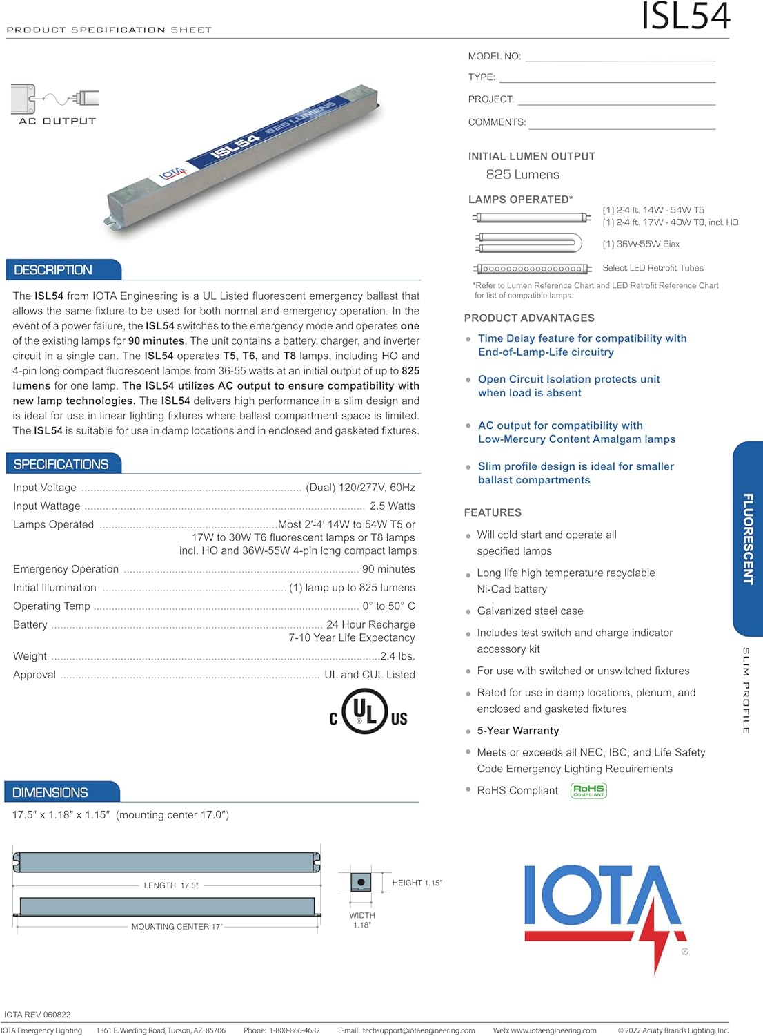 ISL-54 IOTA Emergency Lighting Battery Pack Ballast - 825lm