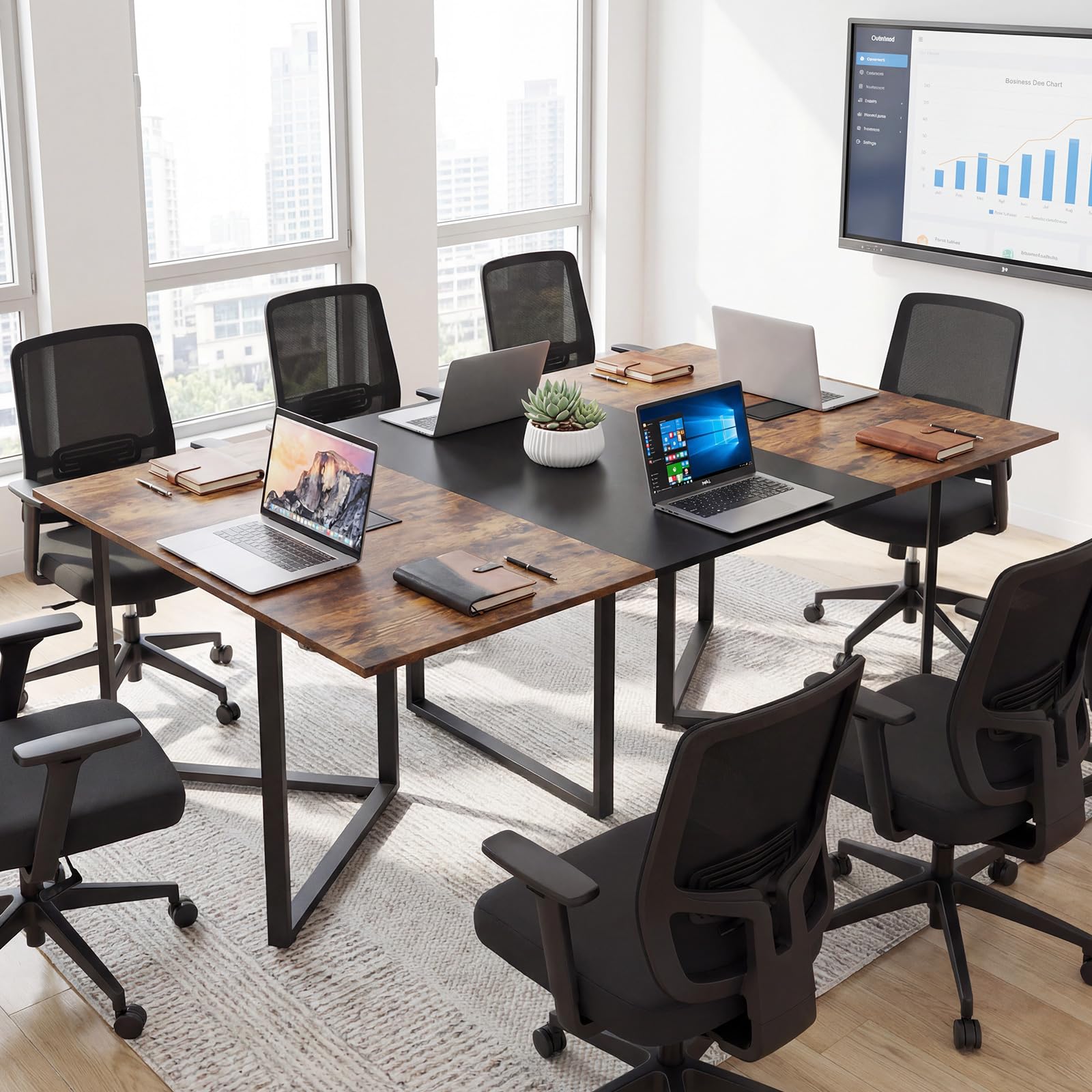 COSTWAY Tavolo da Conferenza 180 x 100 cm, Tavolo Riunioni Grande per 6-8 Persone, Postazione da Lavoro Stile Industriale con 2 Passacavi per Ufficio e Sala Riunioni