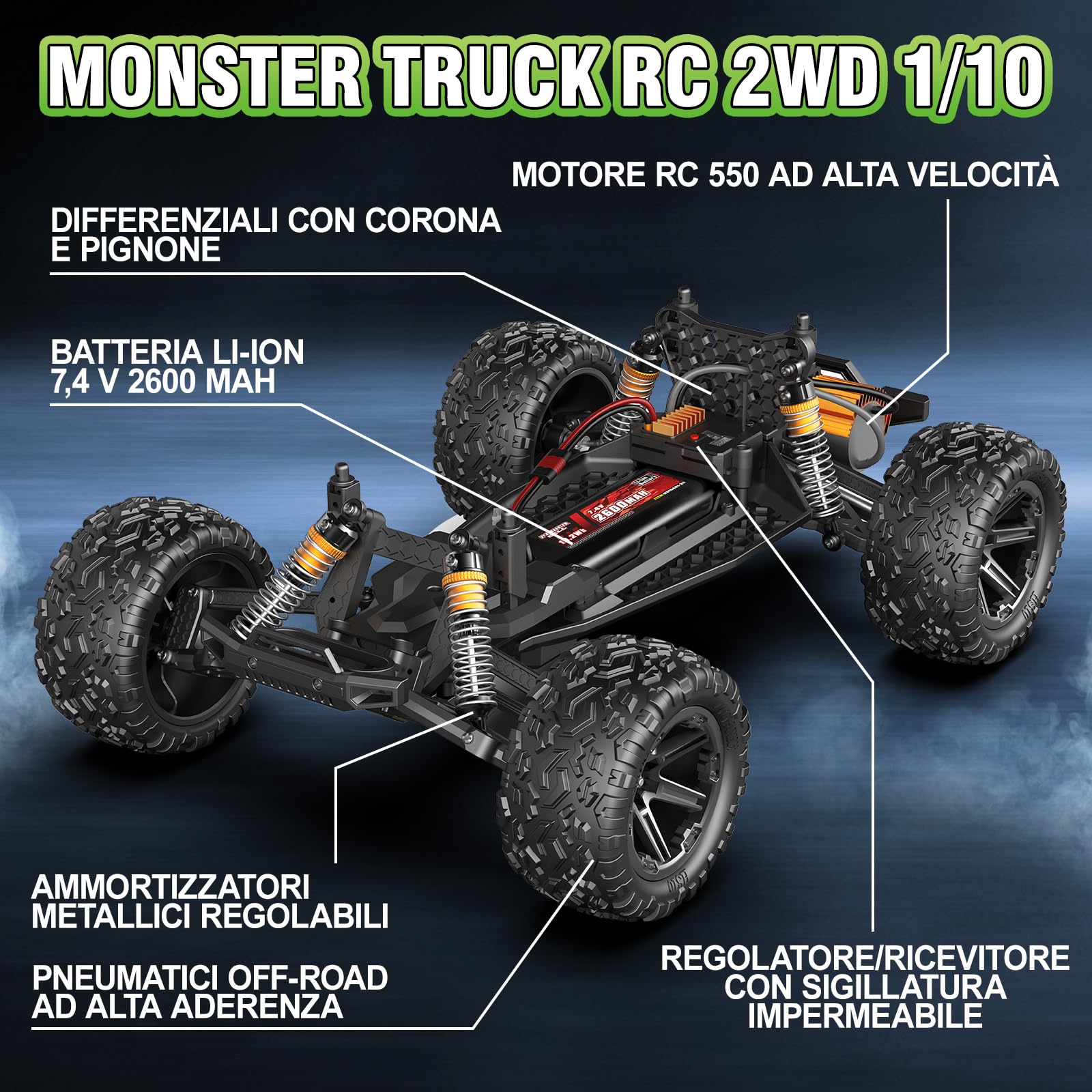 Macchina Telecomandata Professionale 1:10 Grande Scala Reale 46cm, RC Car 2WD RWD 45 km/h per Adulti e Bambini, Offroad Truck Elettrica con 2 Batterie Ricaricabili da 2600mAh, Macchina Radiocomandata