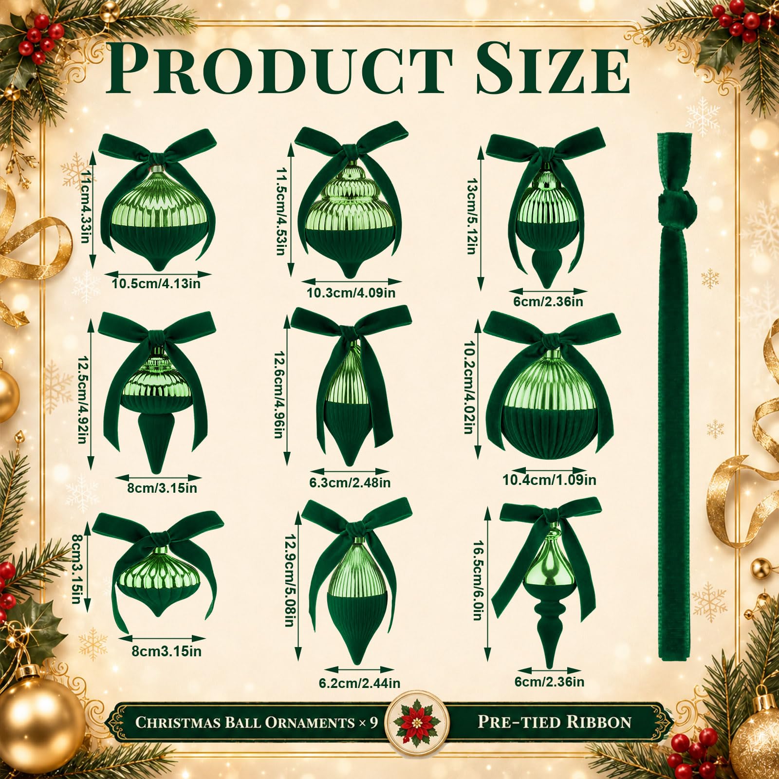 Hungdao Kit de 9 boules de Noël en velours à moitié floqué – Décorations de sapin de Noël en plastique incassable – Boules de Noël brillantes à suspendre avec nœud décoratif pour sapin de Noël (vert)