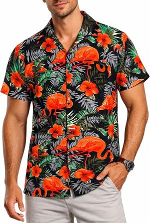 KING KAMEHA Hawaiian Shirt for Men Tropical Mens Hawaiian Shirt Short Sleeve with Flamingo Print