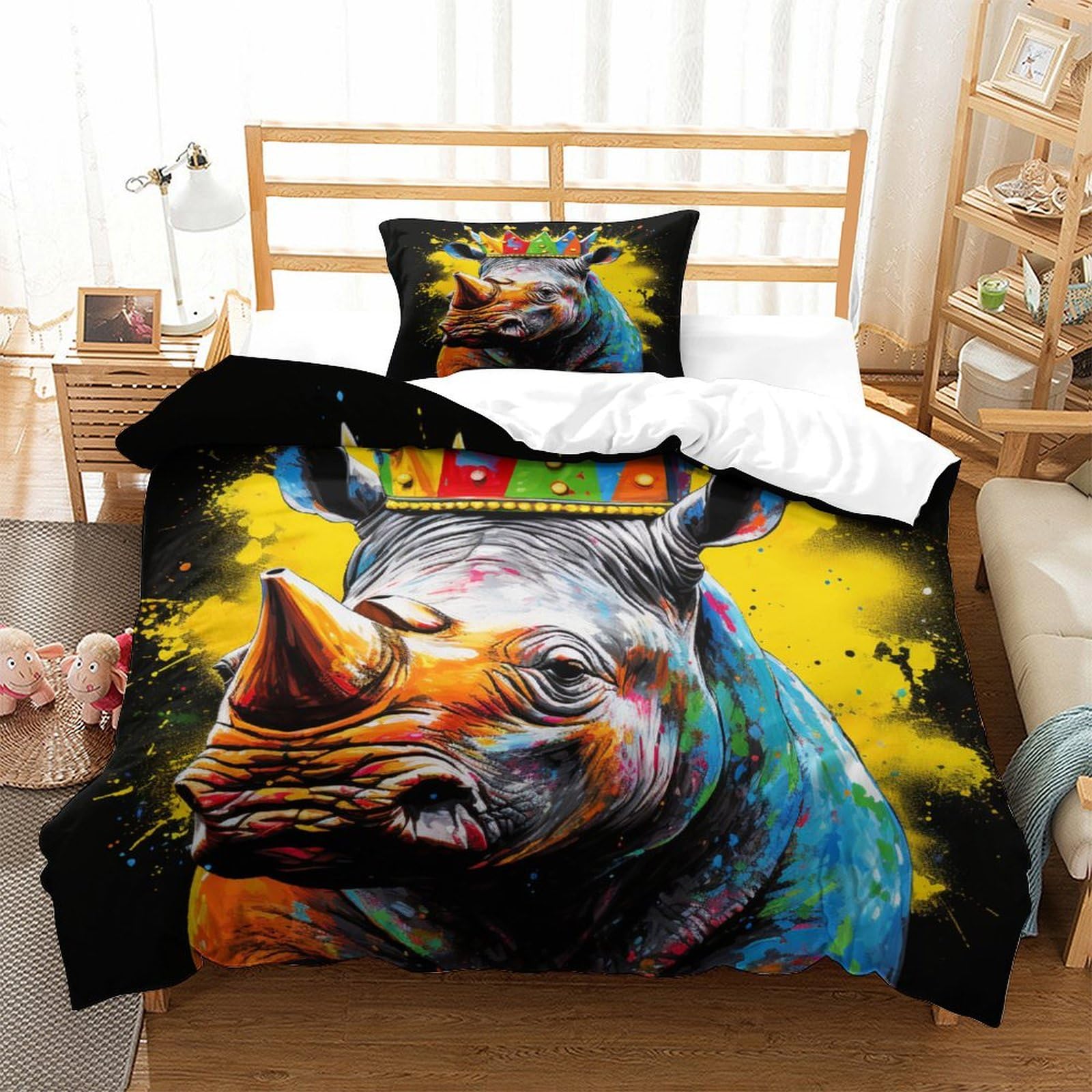 P1S9U7W5Y 3D Printed Artistic Rhino Duvet Cover Set 3pcs Microfiber Animal Bedding Set Single