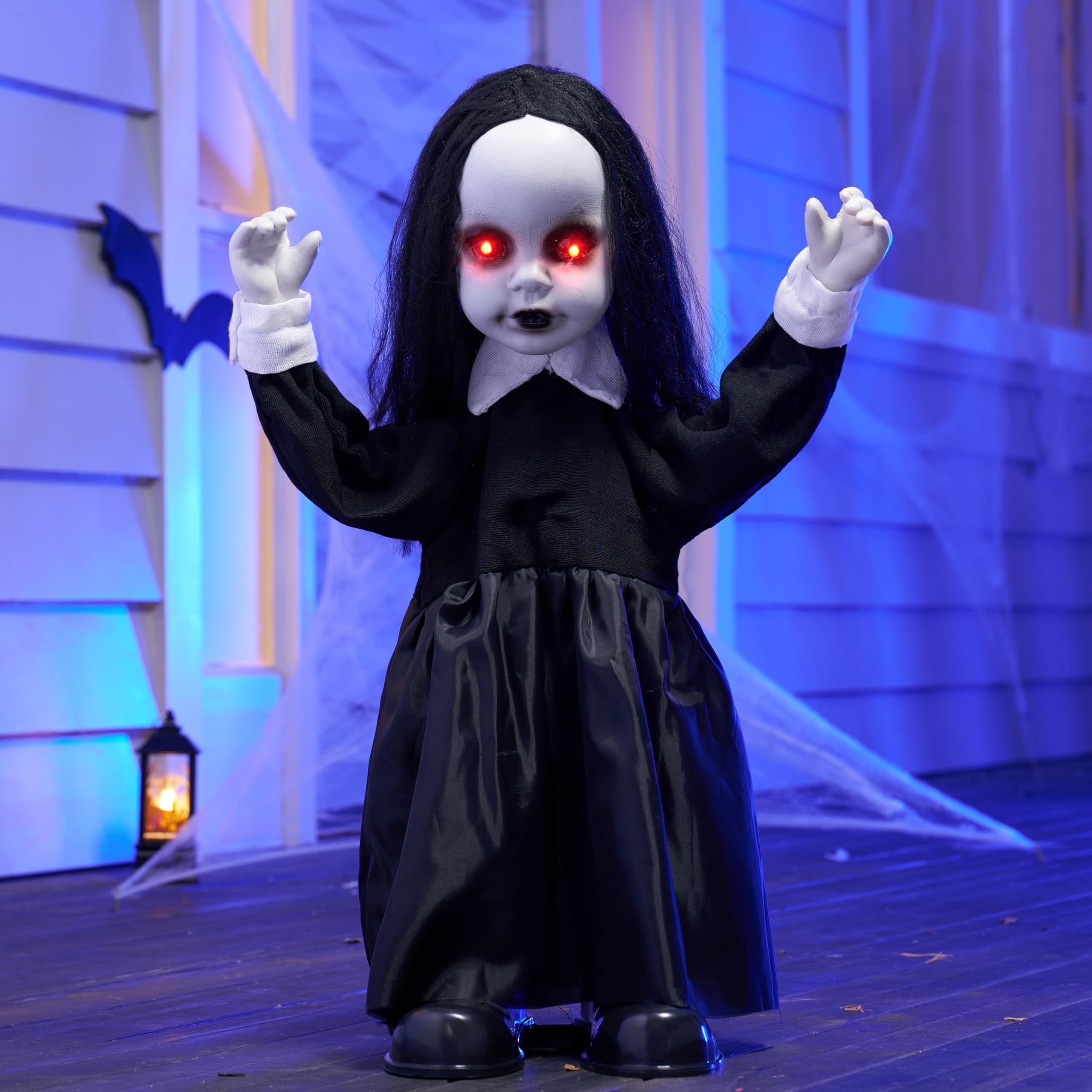 JOYIN Décorations d'Halloween effrayantes en plein air, 86,4 cm, zombie fille, fantôme, animatronique, décoration animatronique avec capteur activé par le son, yeux LED lumineux pour jardin, pelouse