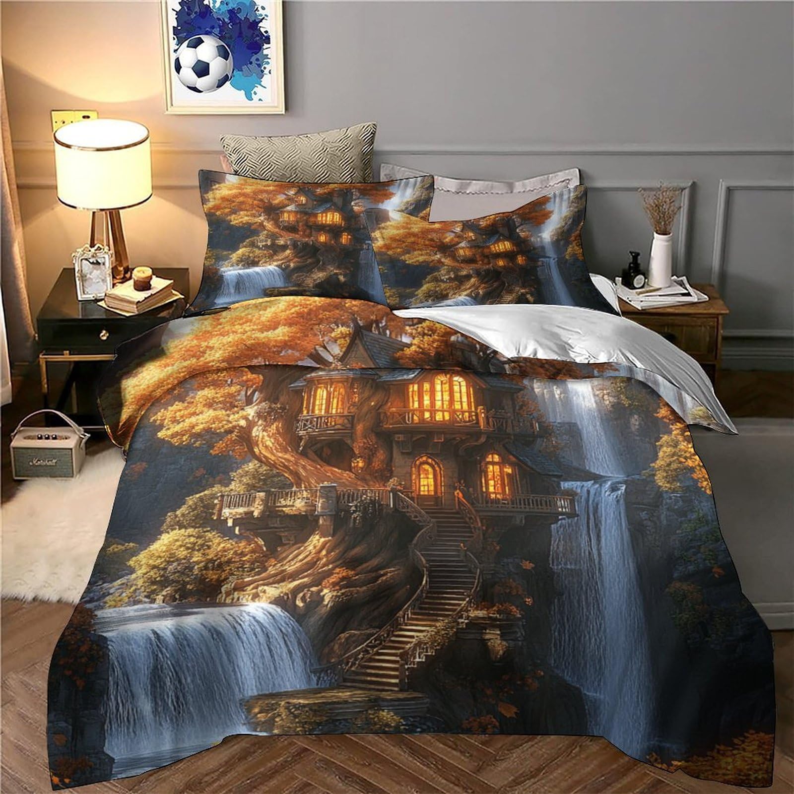 Casa sull'albero fantasy Impressione 3D 3 pz coperteletto Fantasia in stile cottage fodera per edredone microfibra morbida antiacari per bambini adolescenti donne King（220x240cm）