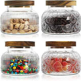 Set of 4 Glass Jar with Airtight Wooden Lid, 25 Oz / 750ml Wide Mouth Food Storage Canister, Vintage Embossed Coffee Nuts Container Kitchen Organizer for Candy Cookie Spice Sugar