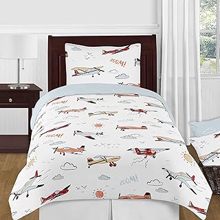 Sweet Jojo Designs Vintage Airplane Boy Twin Bedding Comforter Set Kids Childrens Size - 4 pieces - Grey Yellow Orange Red White Blue Airplanes Air Plane Transportation Clouds Sun Sky Aviator Aviation