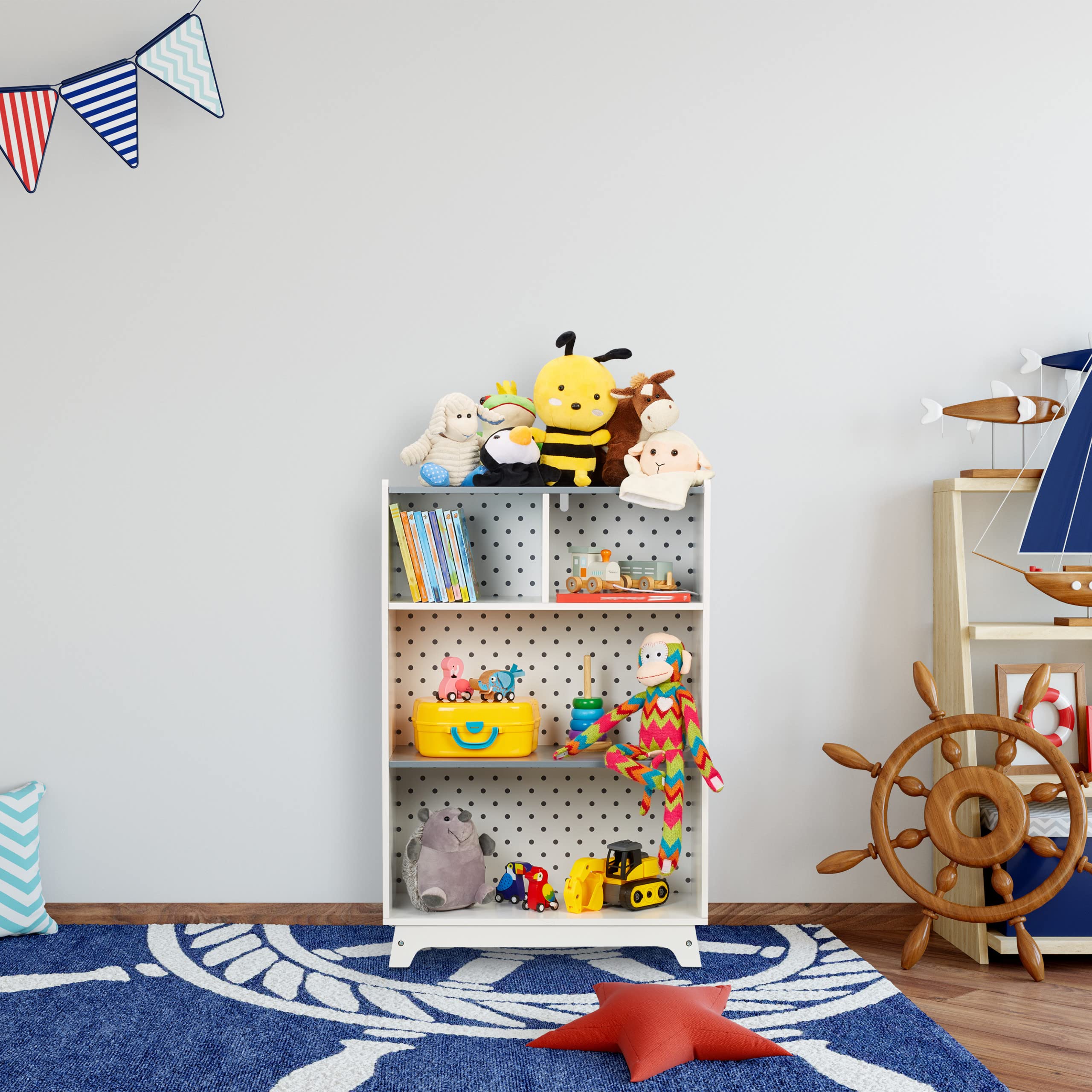 Relaxdays Estantería Infantil 90x60x30 cm, Organizador Juguetes con 4 Baldas Abiertas, Niñas y Niños, Blanco y Gris