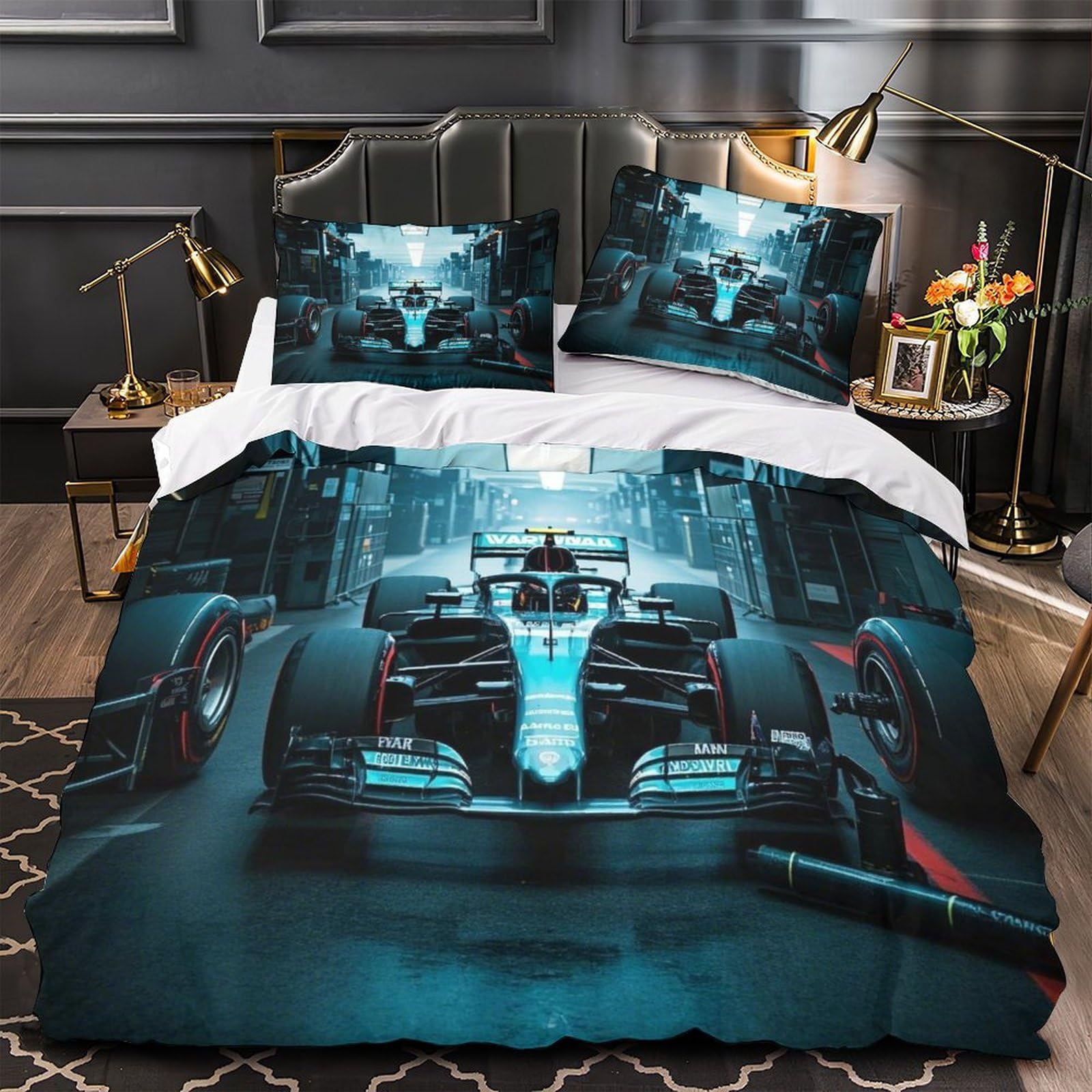DAFUfbw Formulaa Racing Duvet Cover With Hidden Zipper, Double（200x200cm） Racing Car Quilt Cover with Pillowcases, Soft Microfiber Comforter Cover for Boys Girls