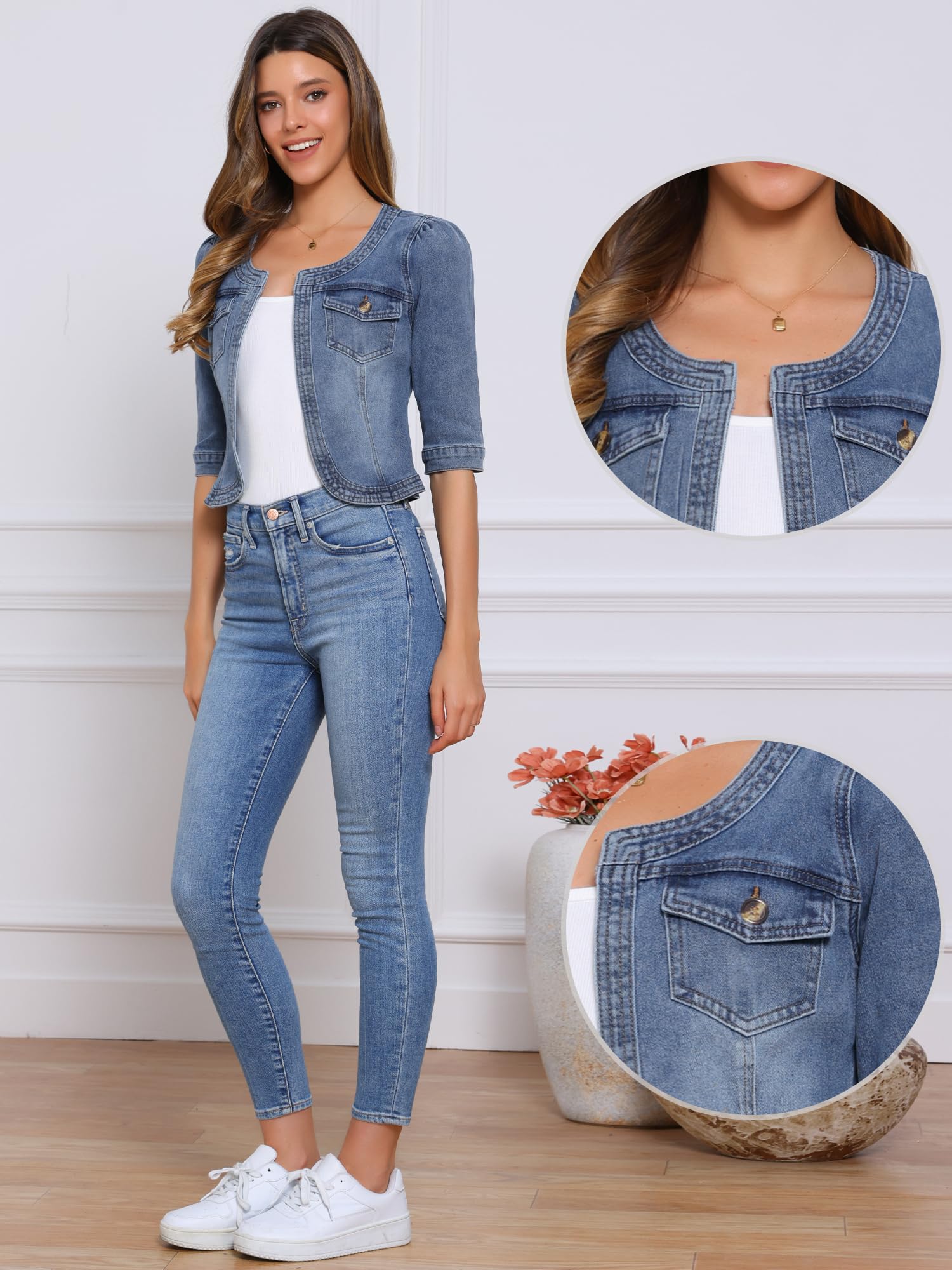 Allegra K Veste en Jean pour Femme Sans Col à Manches 3/4 Devant Ouvert Blouson en Demin Délavé