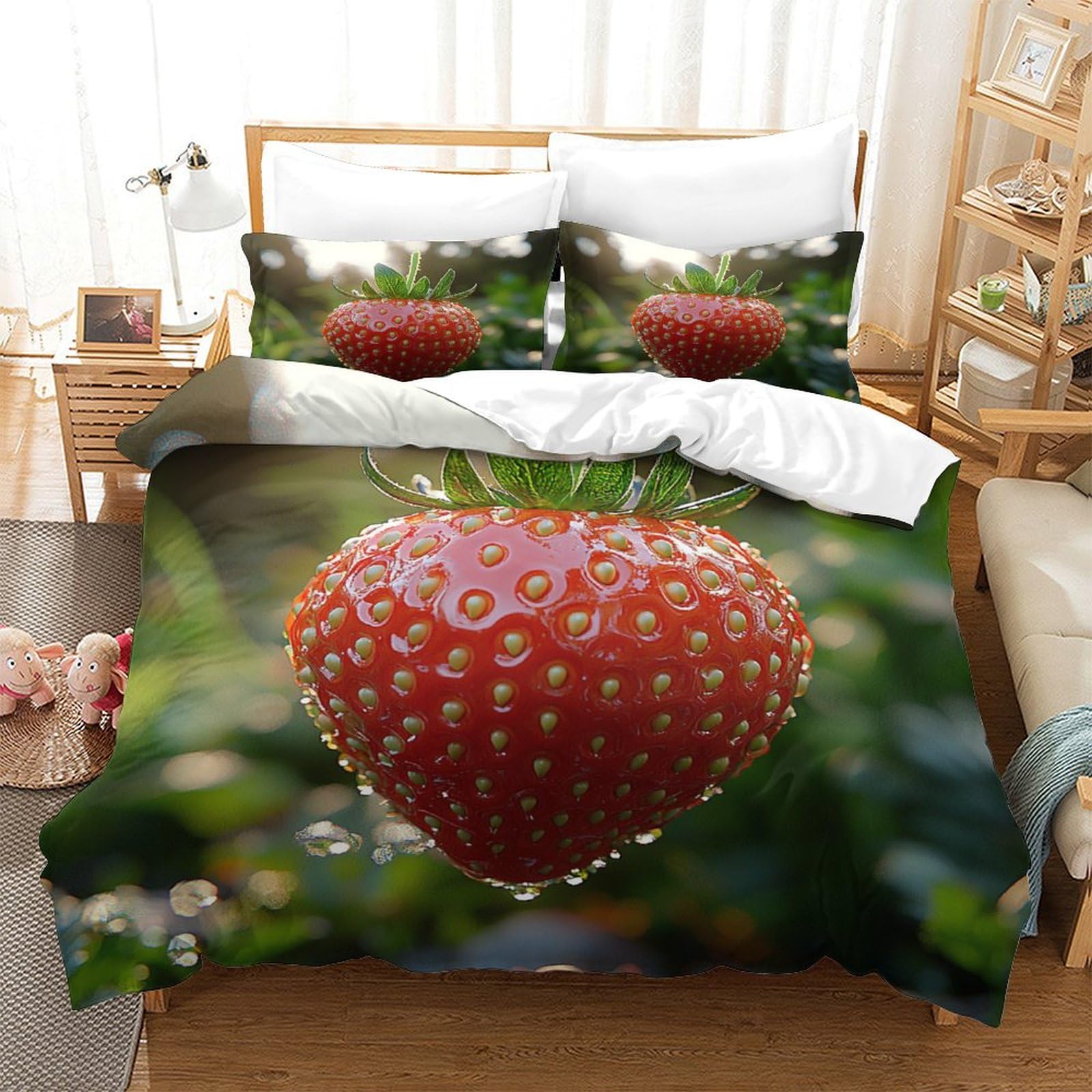 P1s9u7w5y Strawberry-3 Fresh Strawberry 3D Printed Duvet Cover Set 3Pcs Microfiber Fruit Bedding Set Double（200X200cm）