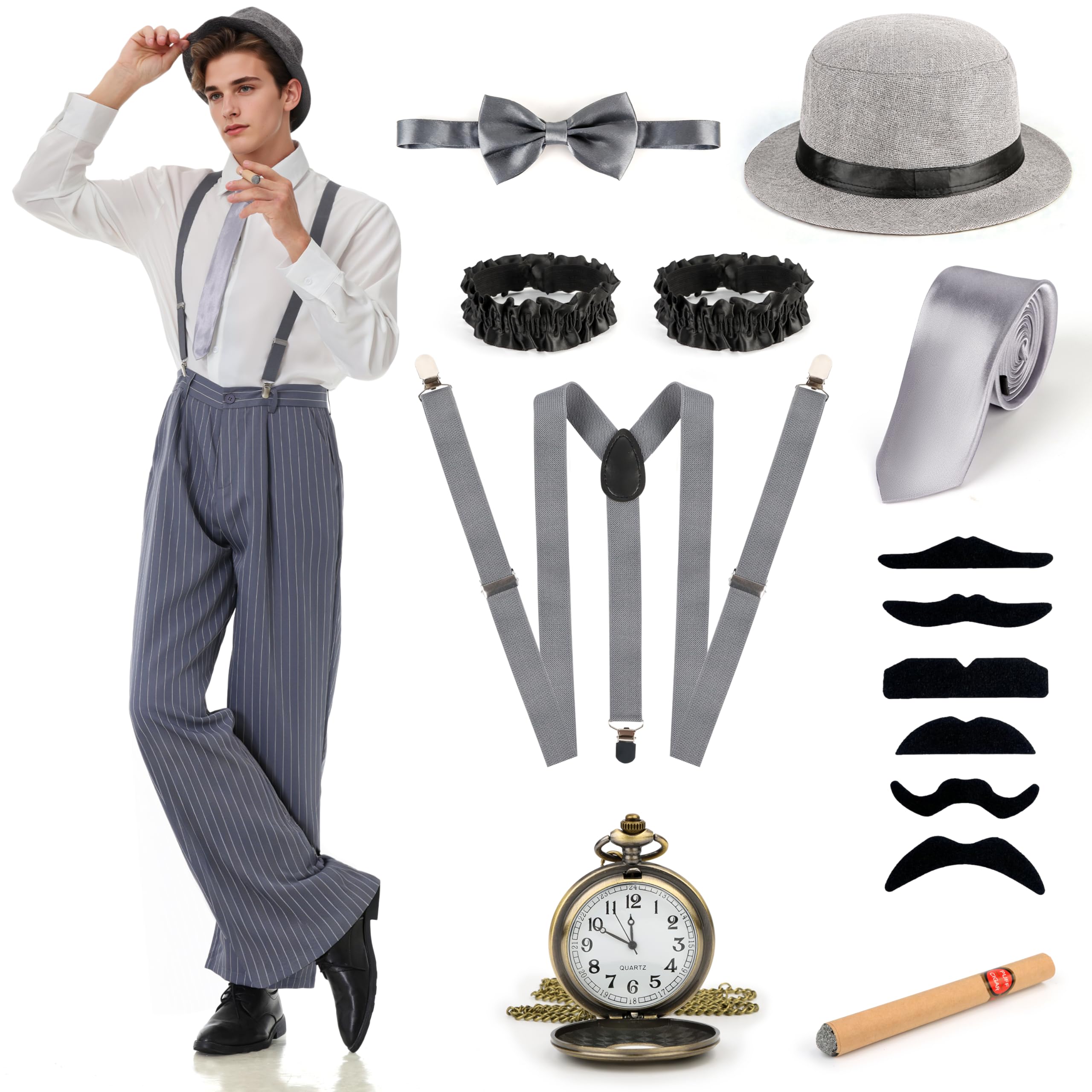 Charmofun Vestiti Anni 20 Uomo, Costume Gangster Uomo Anni ’20 con Camicia, Pantaloni, Bretelle e Cappello, Set di Accessori Mafia Vintage per Carnevale e Feste a Tema (Grigio, XL)
