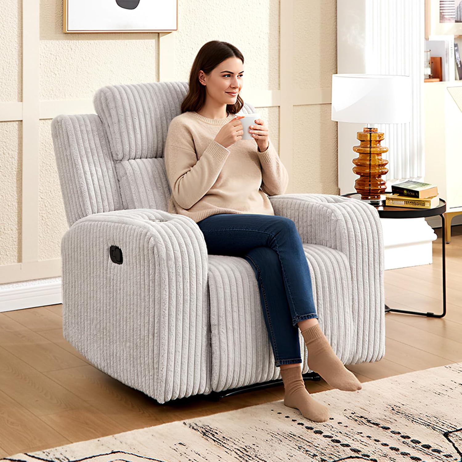 Corduroy Manual Recliner Sofa Set, Living Room Furniture Set, Reclining Sofa and Loveseat Set Console Cup Holders，Grey(Chair)