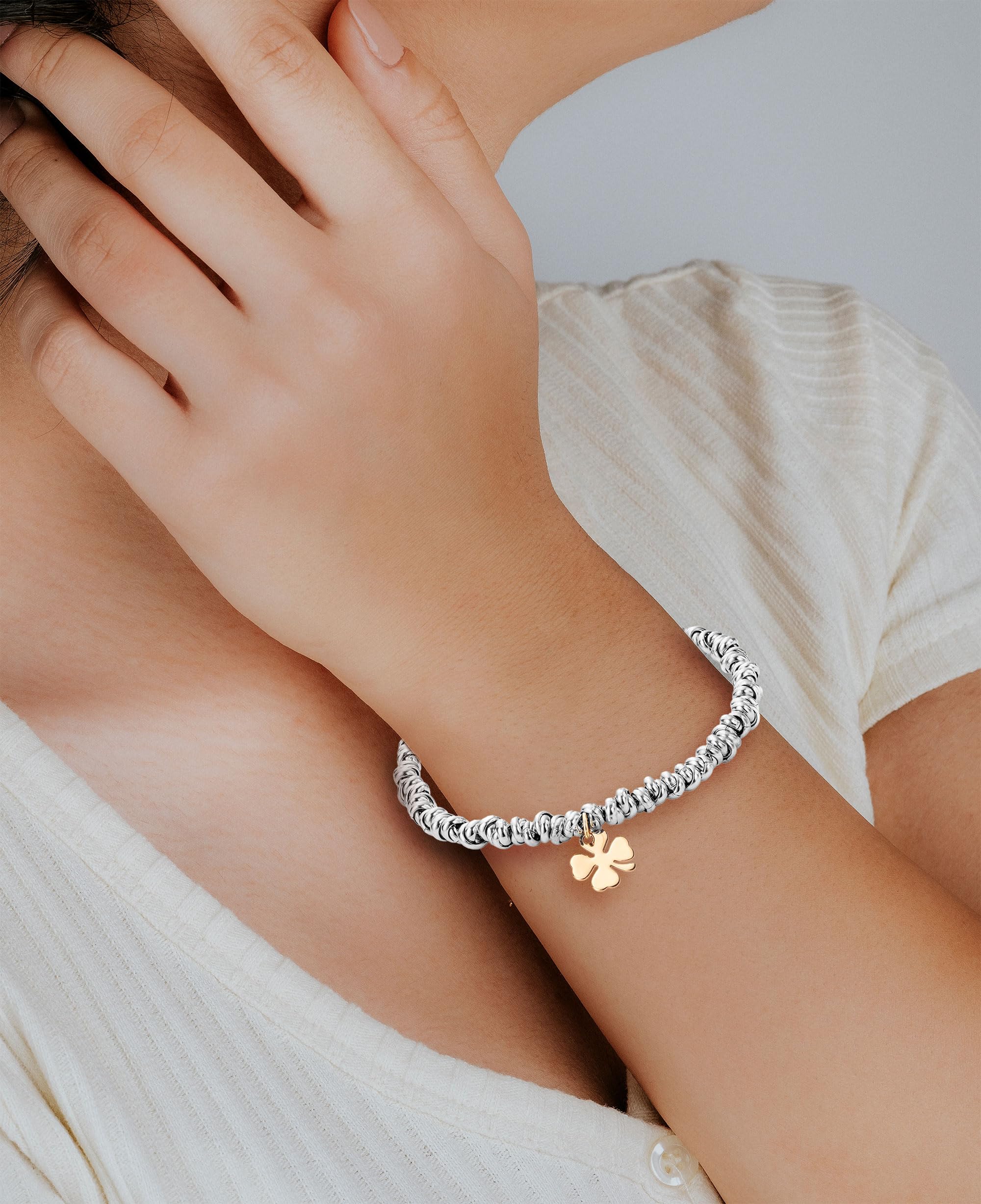 Bracciale Donna con Nodini - Gioiello con Ciondoli Cuore Quadrifoglio o Cornetto in Acciaio Inossidabile - Portafortuna Realizzato a Mano con Catenina Regolabile da 16 a 21 cm - Made in Italy
