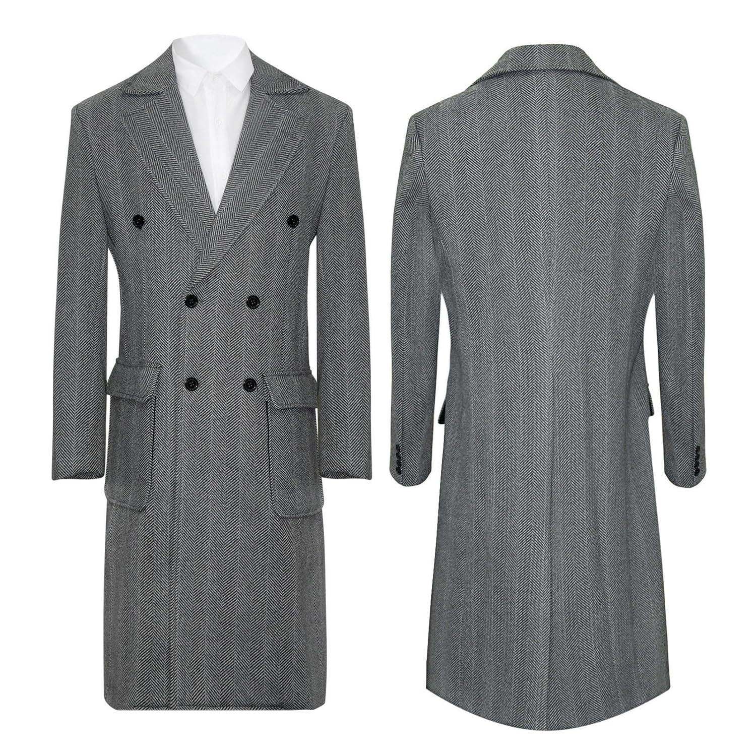 Cappotto da uomo in misto lana a spina di pesce in tweed cappotto slim fit doppio petto con risvolto a punta Trench Jacket