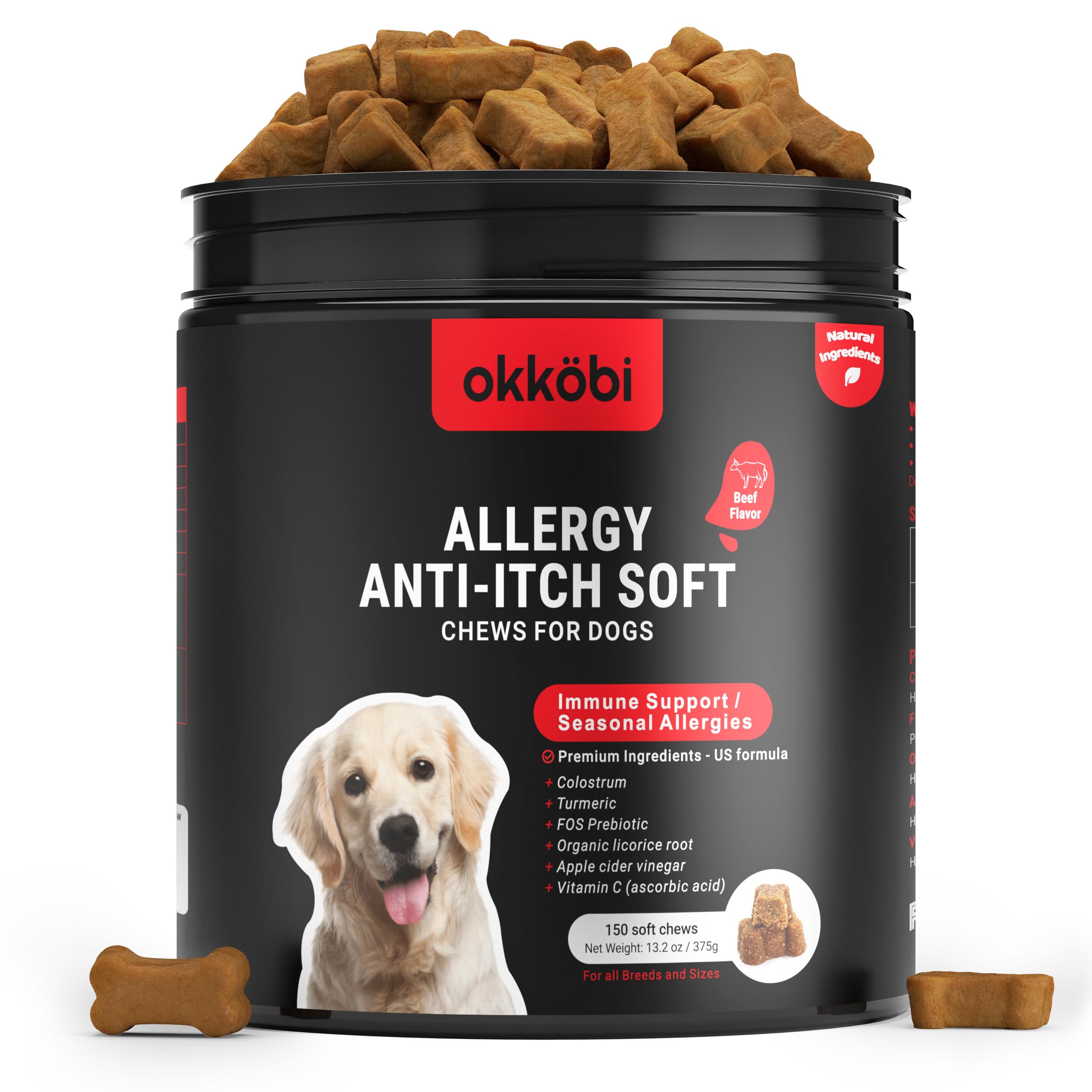 OKKÖBI Dog Allergy Chews 150Pcs, Dog Allergy Relief, Supplements for Itchy Skin and Paw Licking, US Formula with Probiotics