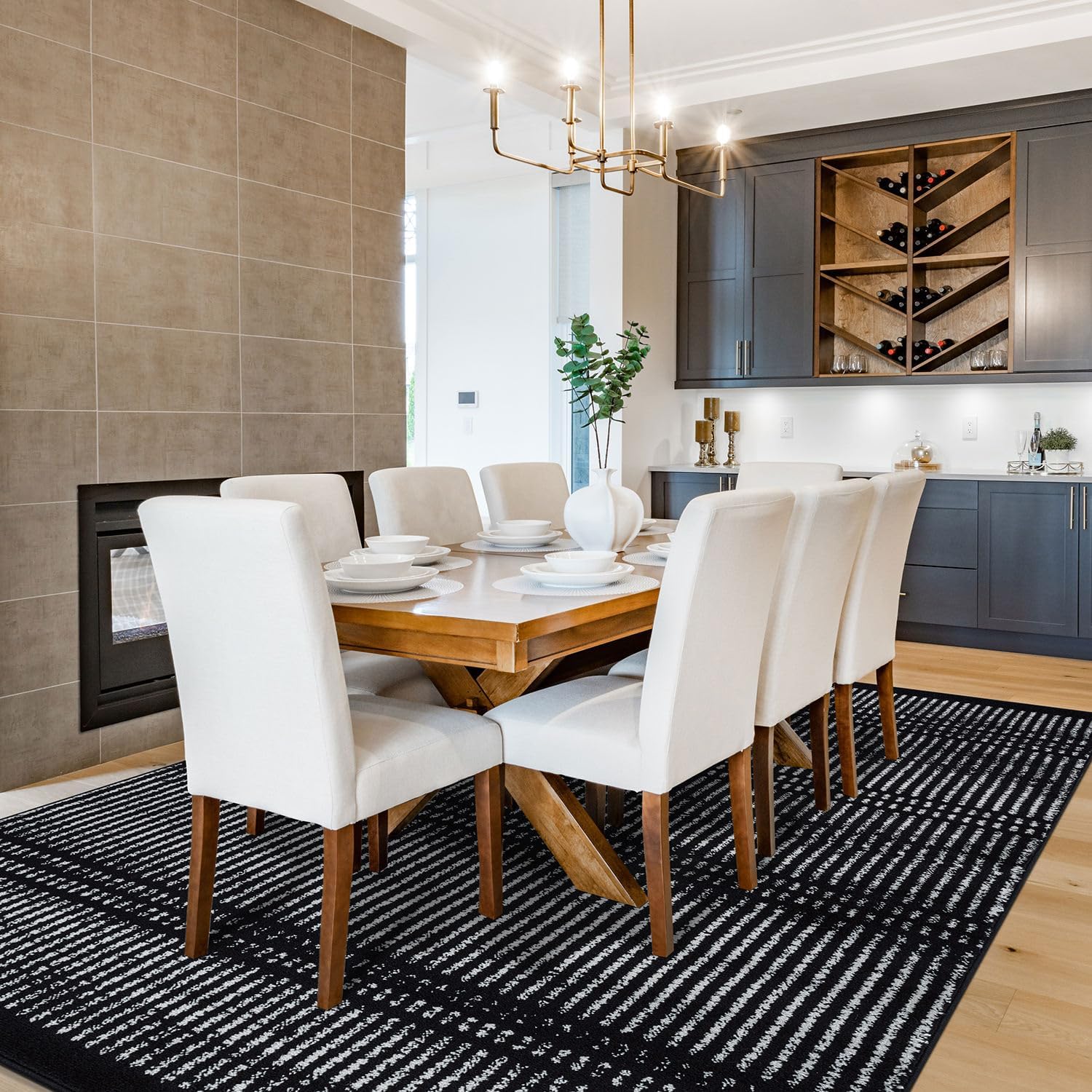 Rugshop Contemporary Stripe Lines High Traffic Living Room,Bedroom,Kitchen, Home Office Area Rug 7'10" x 10' Black