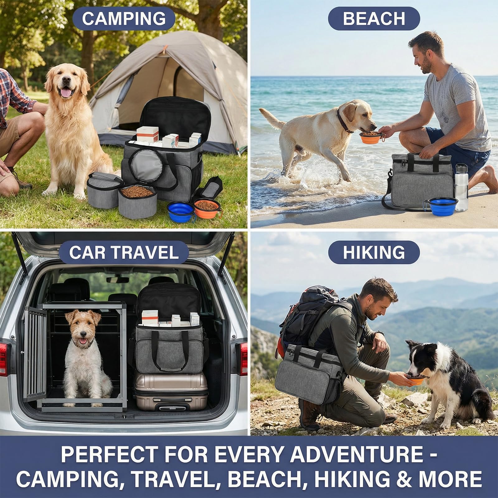 Bolsa de Viaje para Perro, Portátil con 2 Recipientes de Comida y 2 Cuencos Plegables, Ideal para Camping y Viajes