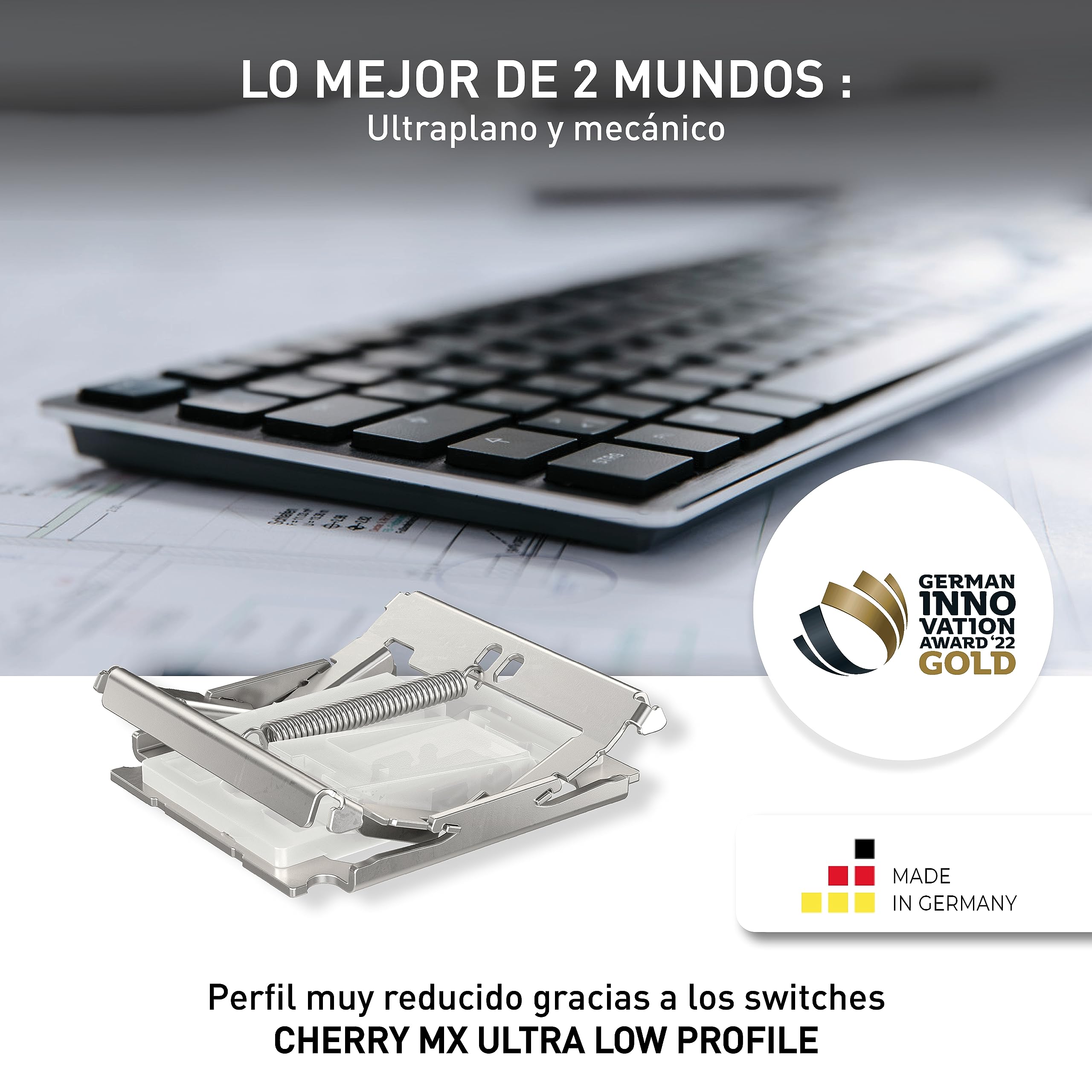 Cherry KW X ULP, Teclado Mecánico Ultraplano de Alta Gama, Distribución de Teclado Alemán (QWERTZ), Inalámbrico, Multidispositivo para hasta 4 Dispositivos, Recargable, Negro